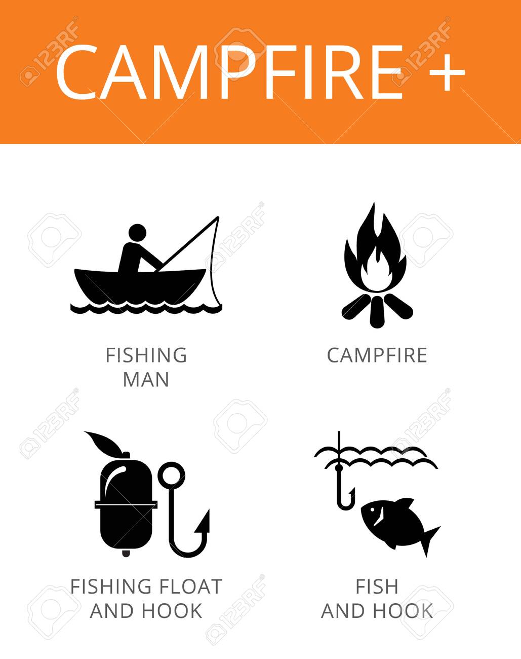 Campfire plus icons set. Simple illustrations of campfire, fisherman, fishing float and hook - 146670183 Campfire plus icons set. Simple illustrations of campfire, fisherman, fishing float and hook - 146670183