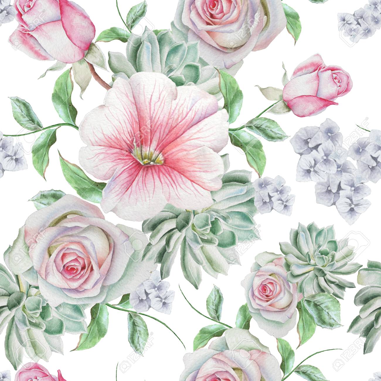 Bright Seamless Pattern With Flowers Rose Succulents Mallow Watercolor Illustration Hand Drawn Stock Photo Picture And Royalty Free Image Image