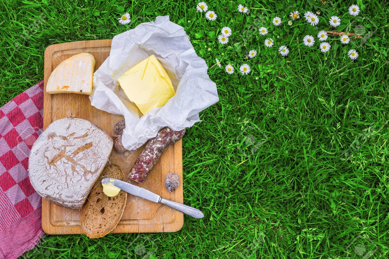 Picnic Board Of Bread Butter Cheese And Sausage Stock Photo Picture And Royalty Free Image Image