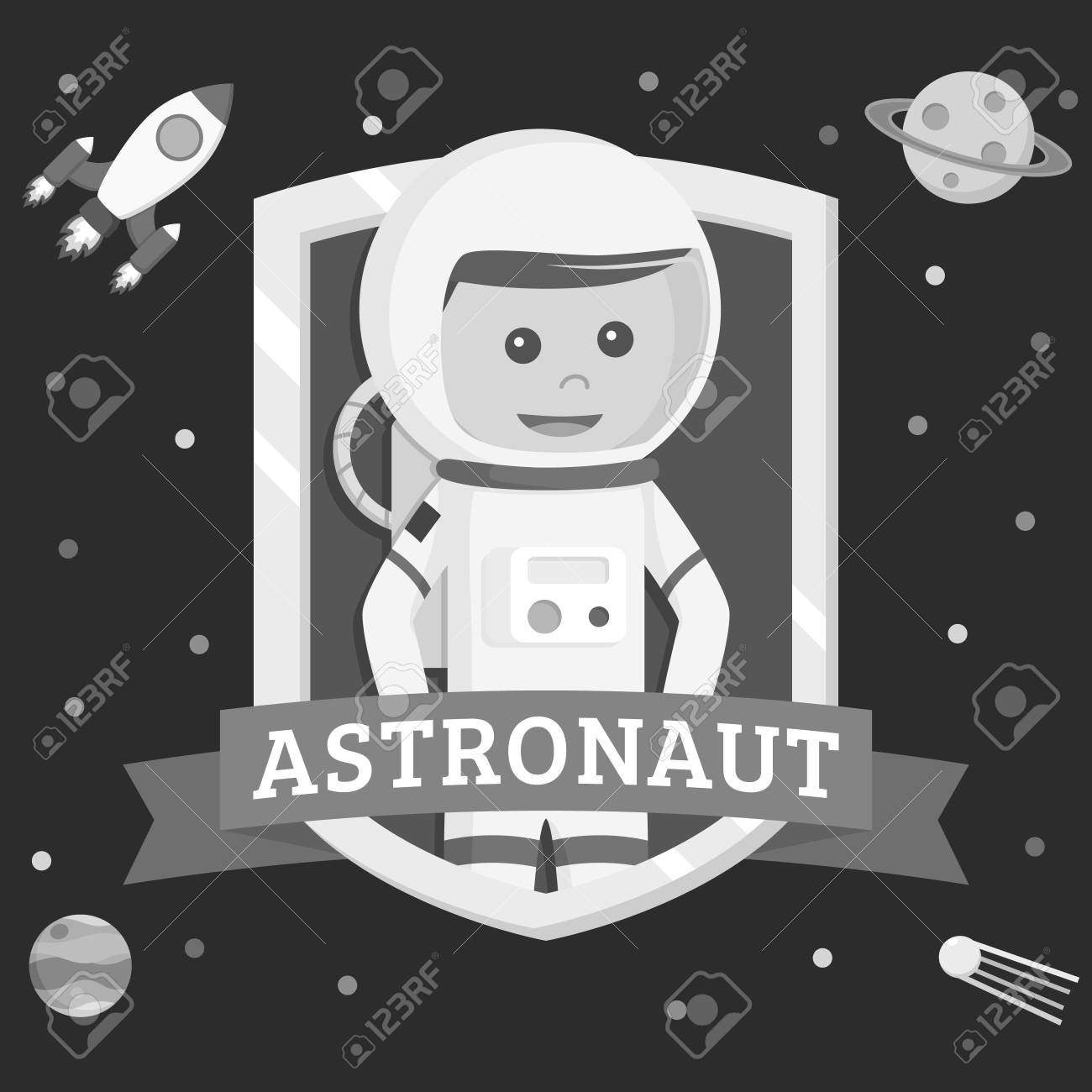 エンブレムベクトルイラストイラストで宇宙飛行士は 白黒スタイルをデザイン のイラスト素材 ベクタ Image