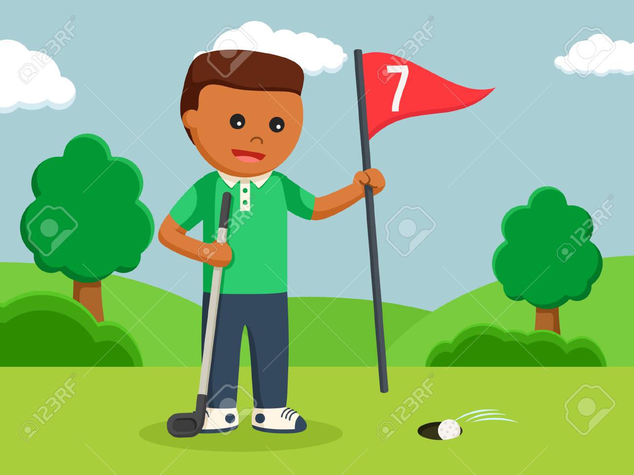 アフリカのゴルファーの男性は スコアフラグを抜くのイラスト素材 ベクタ Image