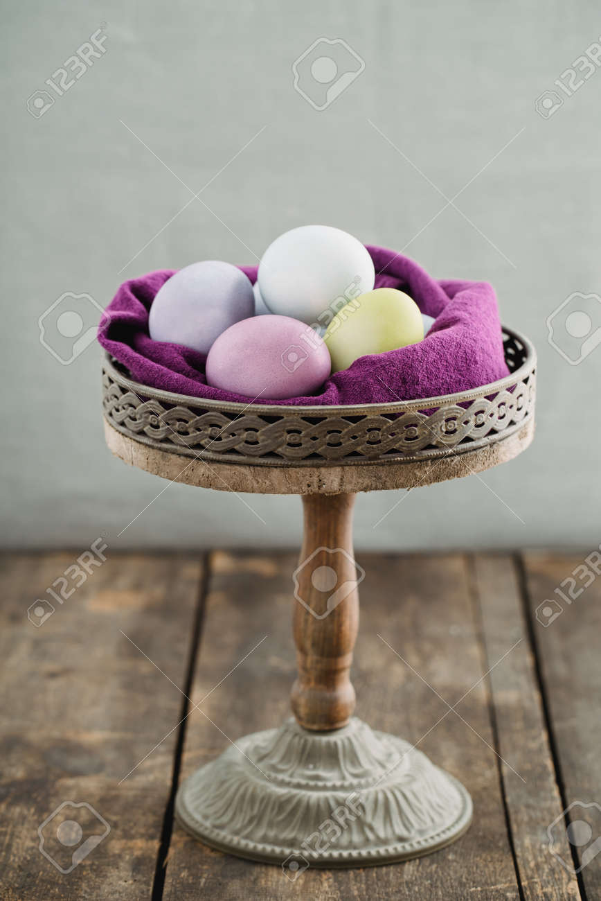 Easter Eggs On Rustic Wooden Cake Stand Stock Photo Easter Eggs On Rustic Wooden Cake Stand Stock Photo