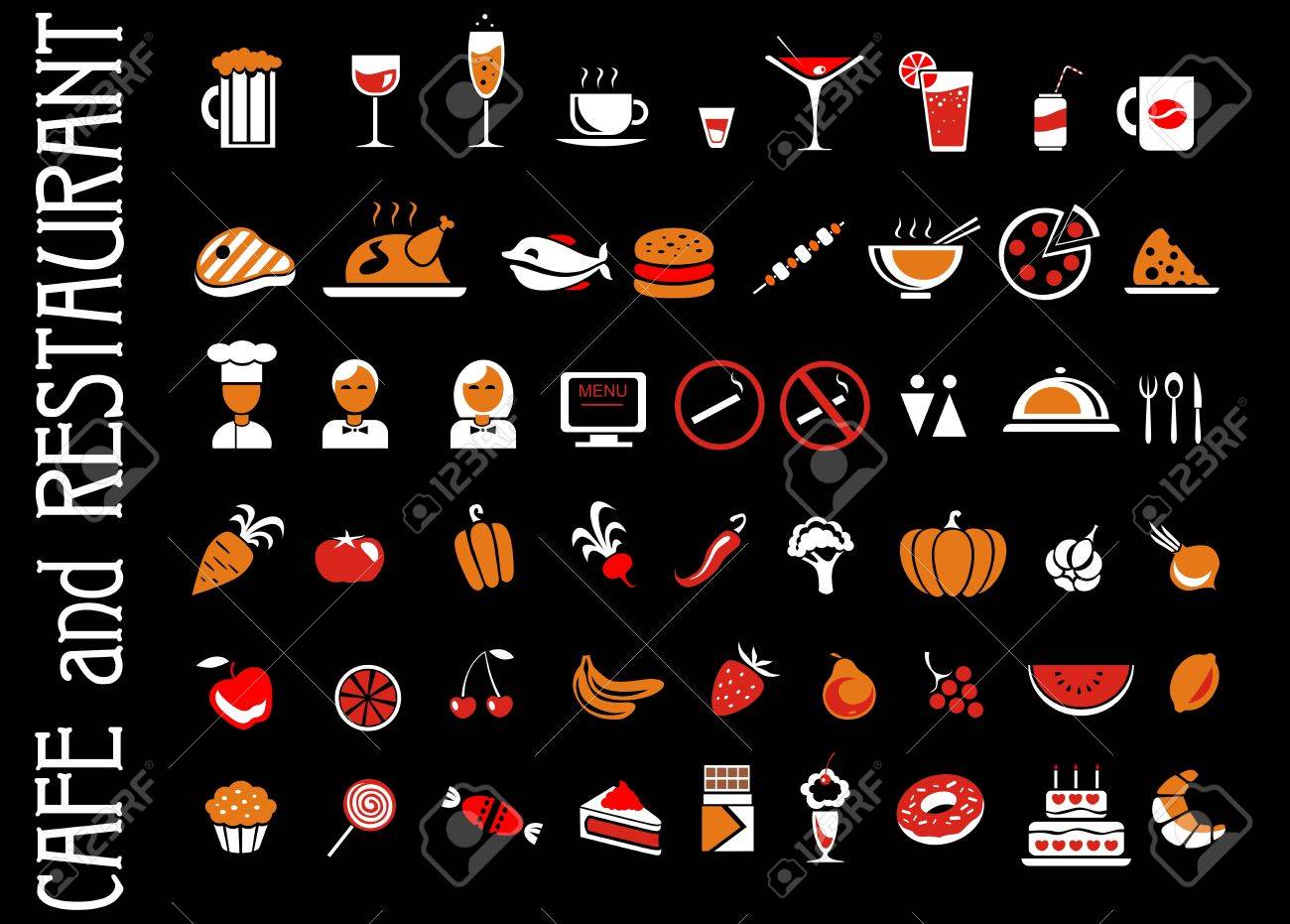 食べ物や飲み物のアイコンが黒の背景をセットします のイラスト素材 ベクタ Image 食べ物や飲み物のアイコンが黒の背景をセットします のイラスト素材 ベクタ Image