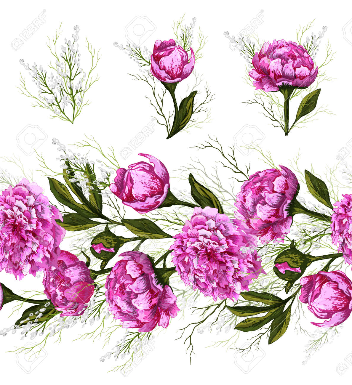 Endless brush pattern with spring peony flowers and greenery. hand-drawn Doodle in a realistic style. pink elements, horizontal border for seasonal design. vintage style. - 158351236 Endless brush pattern with spring peony flowers and greenery. hand-drawn Doodle in a realistic style. pink elements, horizontal border for seasonal design. vintage style. - 158351236