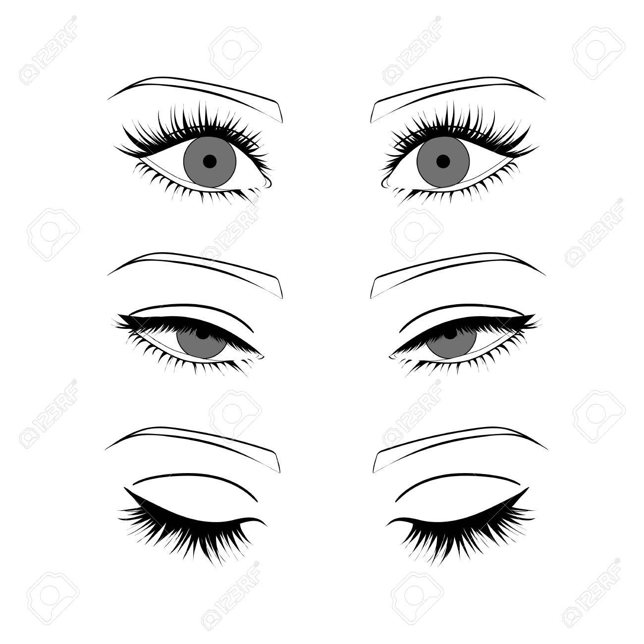 Female Eyes Outline. Open, Closed Half-open Eyes Royalty Free SVG,  Cliparts, Vectors, and Stock Illustration. Image 61119102., image size:1300x1300