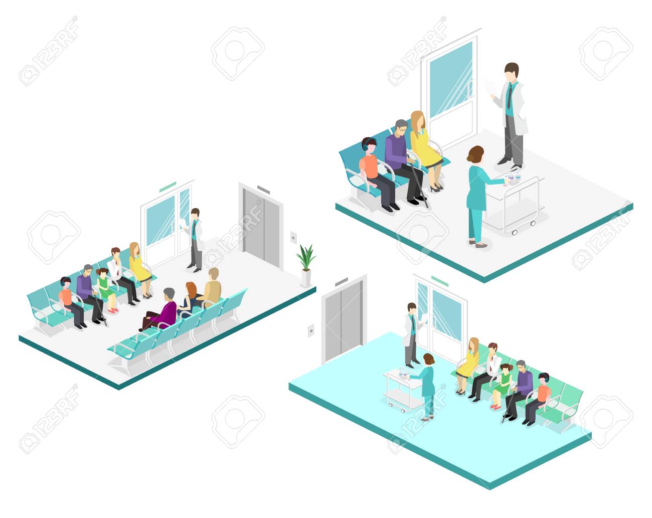病院の待合室 訪問者は 廊下で椅子に座る 患者は医者を受信するまで待機します フラット 3 D ベクター イラストです のイラスト素材 ベクタ Image