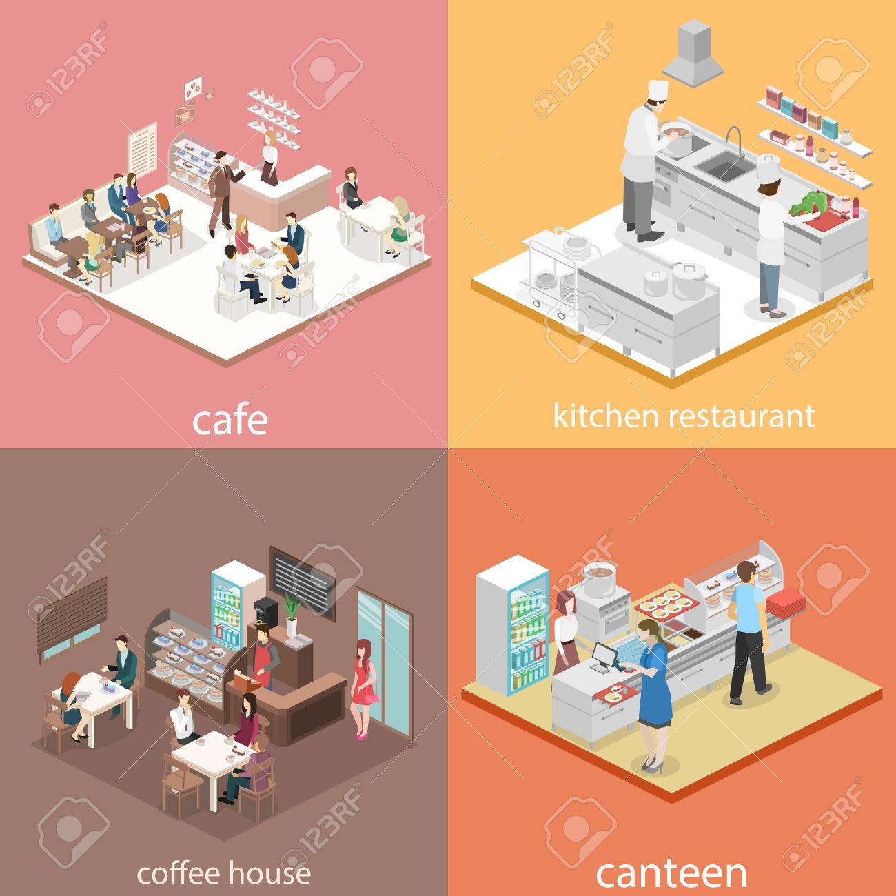 Restaurant Kitchen Illustration isometric flat 3d concept vector interior of sweet-shop, cafe Restaurant Kitchen Illustration isometric flat 3d concept vector interior of sweet-shop, cafe
