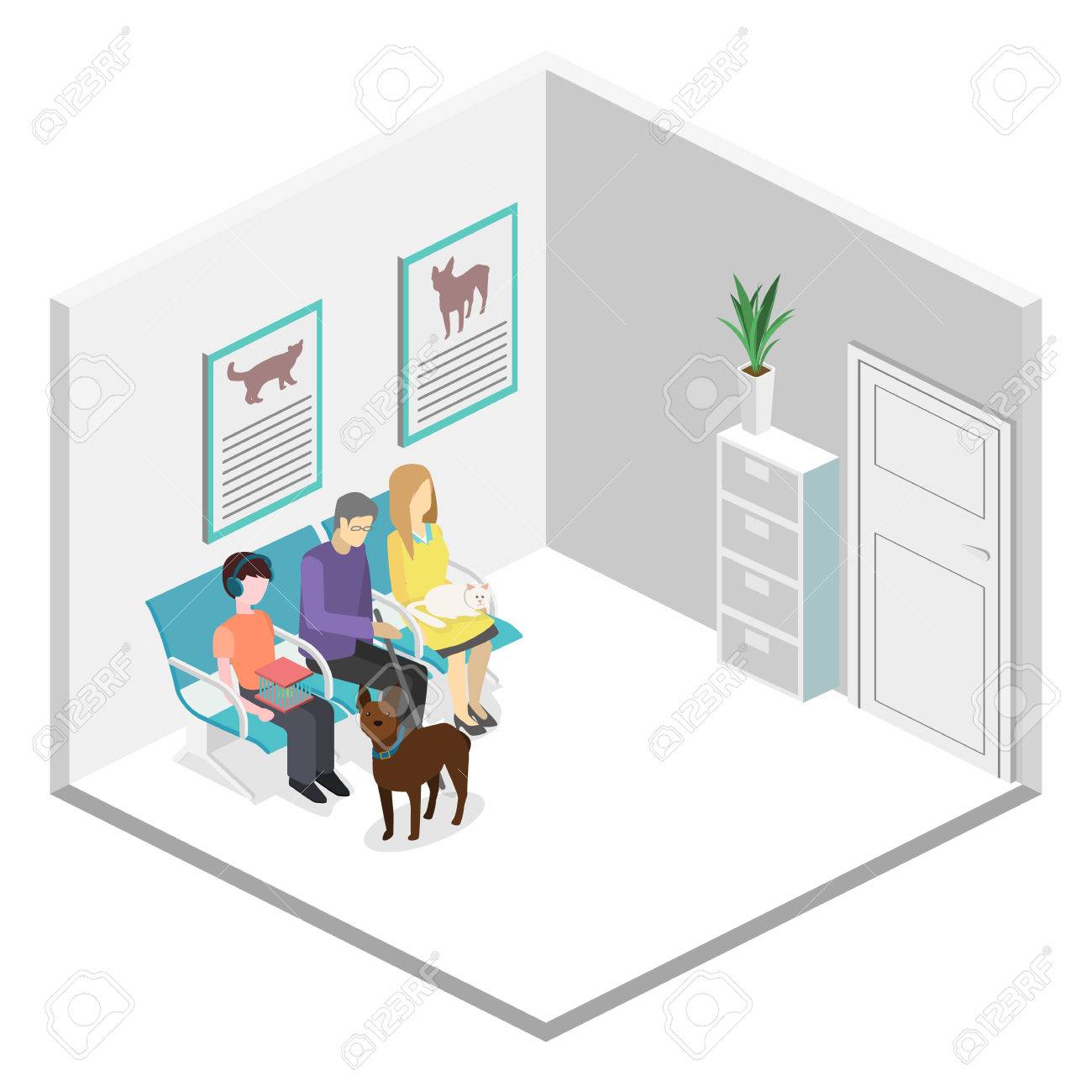 動物病院の待合室 訪問者は 廊下で椅子に座る 患者は医者を受信するまで待機します フラット 3 D ベクター イラストです のイラスト素材 ベクタ Image
