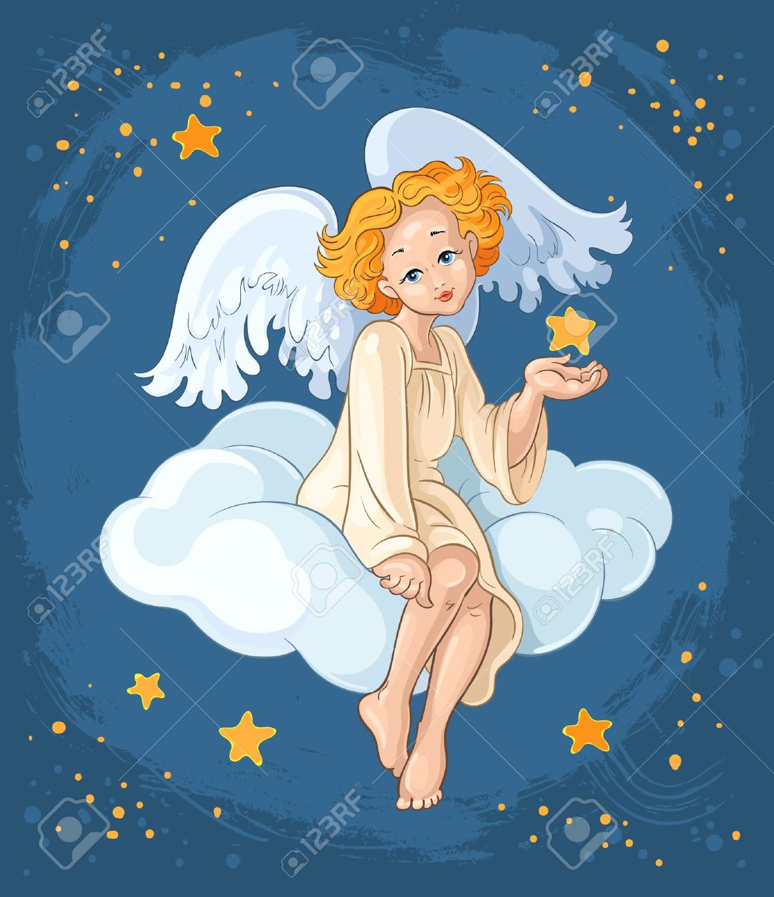 クリスマス スター雲に座ってかわいい天使の女の子 のイラスト素材 ベクタ Image
