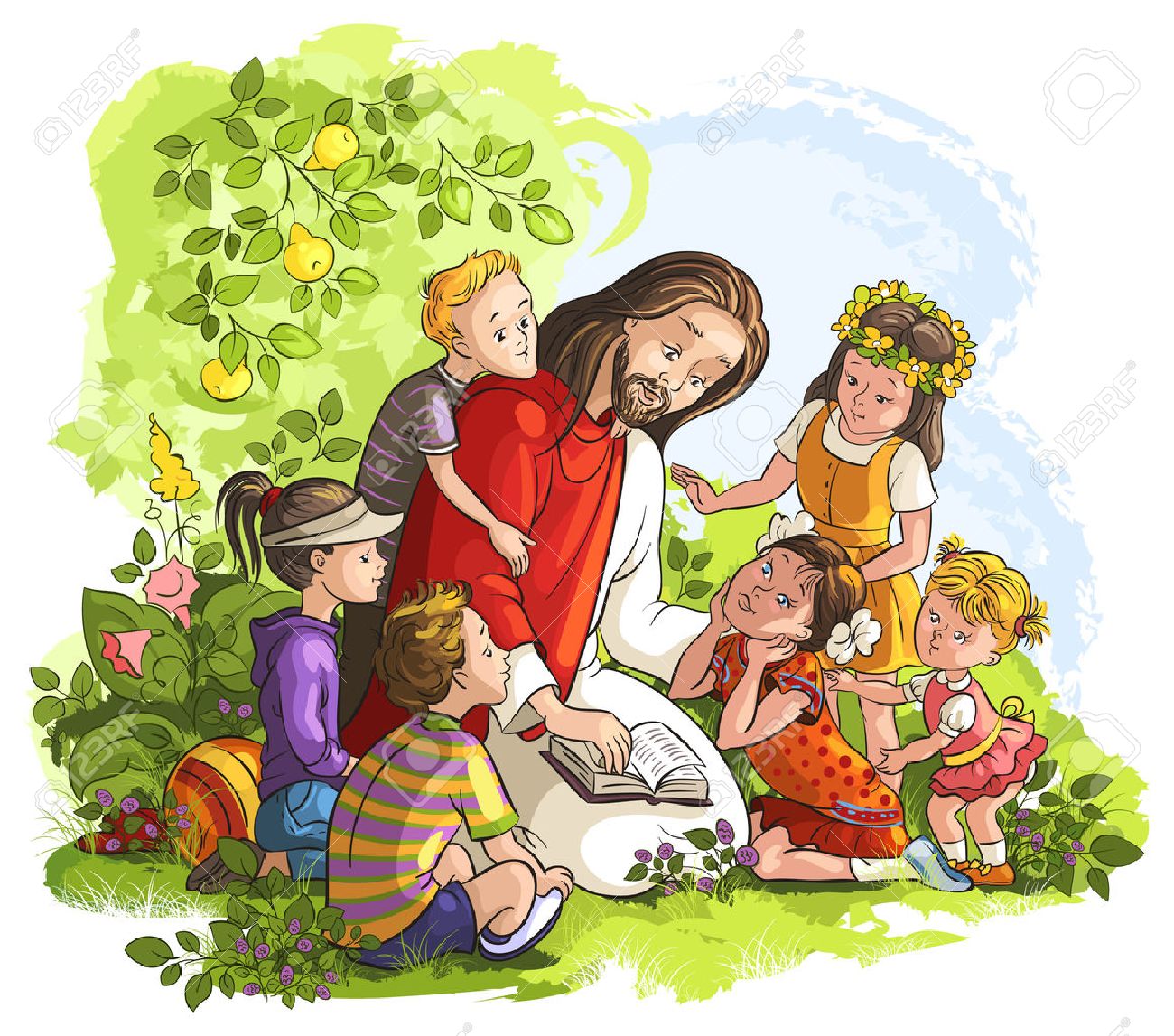 Vector Illustration Pour Jesus Lecture De La Bible Avec Des Enfants Clip Art Libres De Droits Vecteurs Et Illustration Image