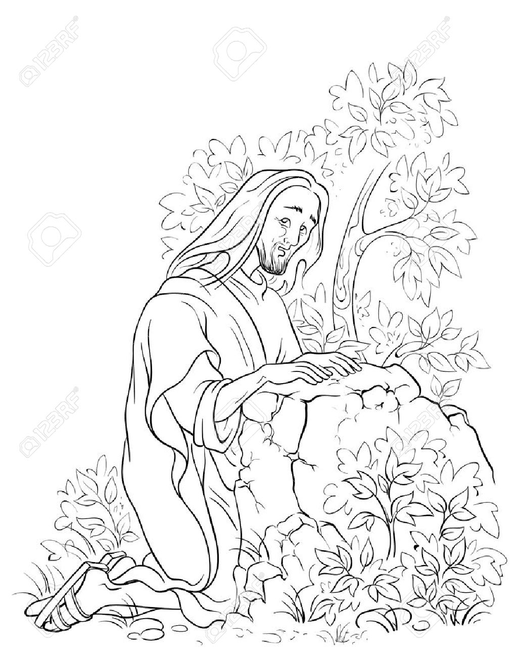 Agony in the garden Jesus in Gethsemane scene Coloring page Stock Vector