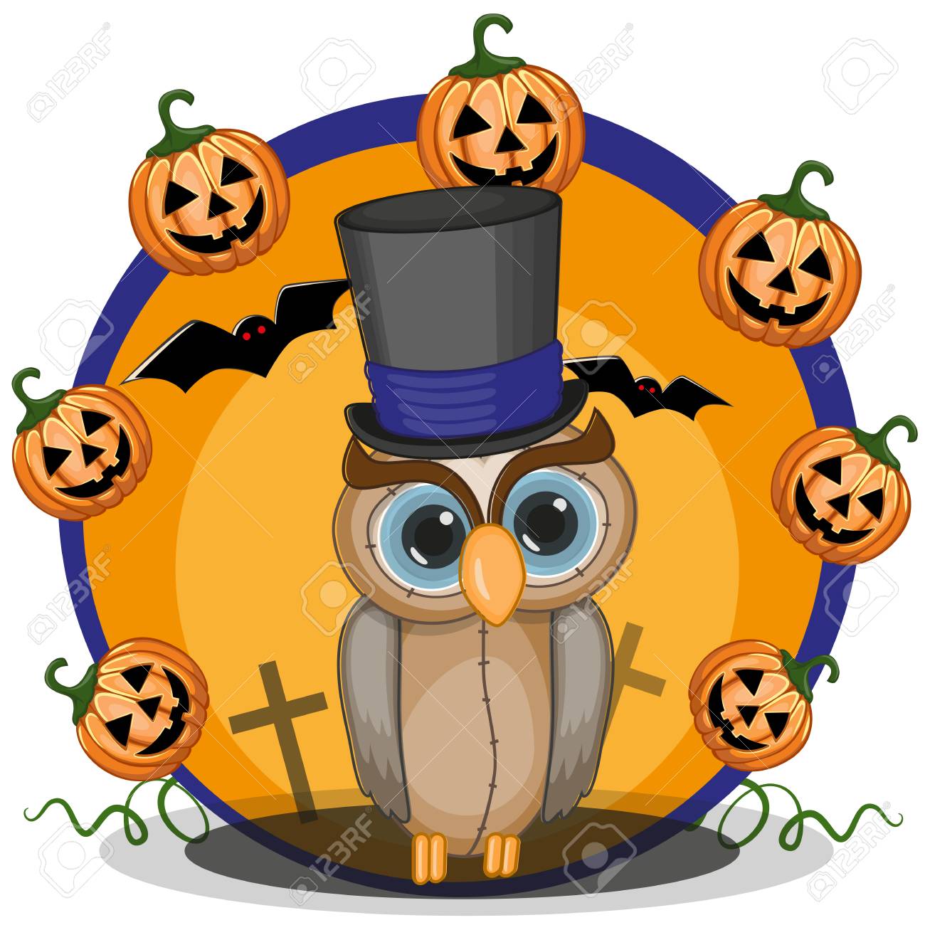 Halloween illustration of Cartoon Owl with pumpkin