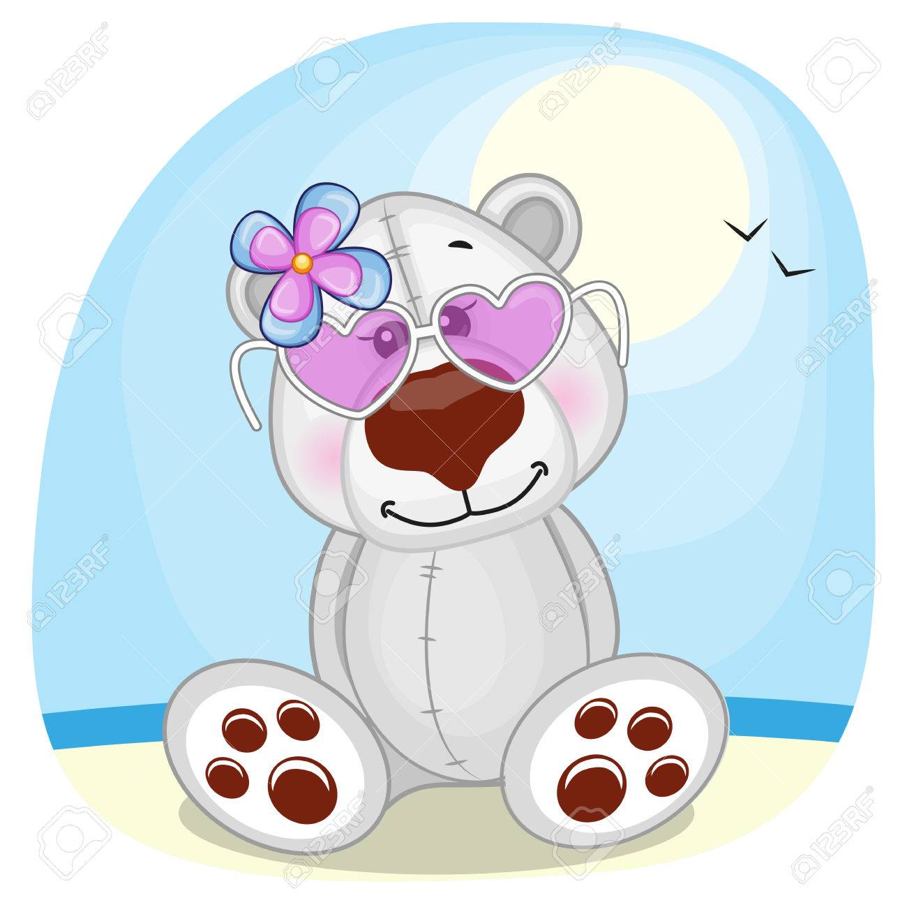 ビーチでサングラスかわいいシロクマの女の子のイラスト素材 ベクタ Image