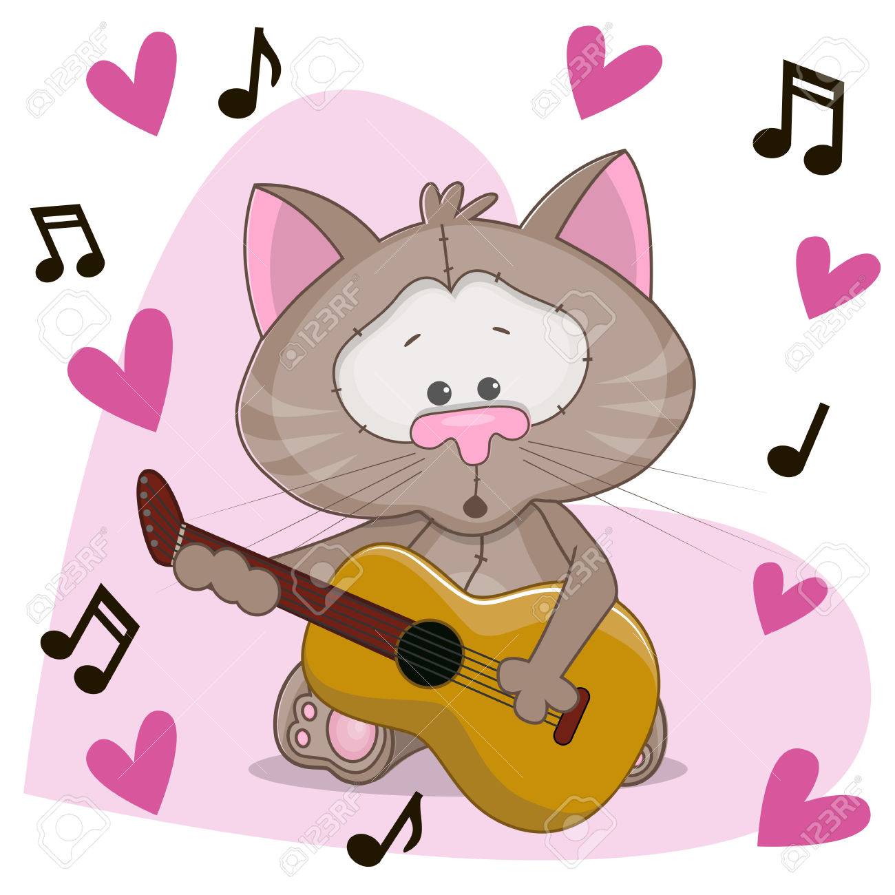 バック グラウンド ミュージックと心のギターと猫 のイラスト素材 ベクタ Image