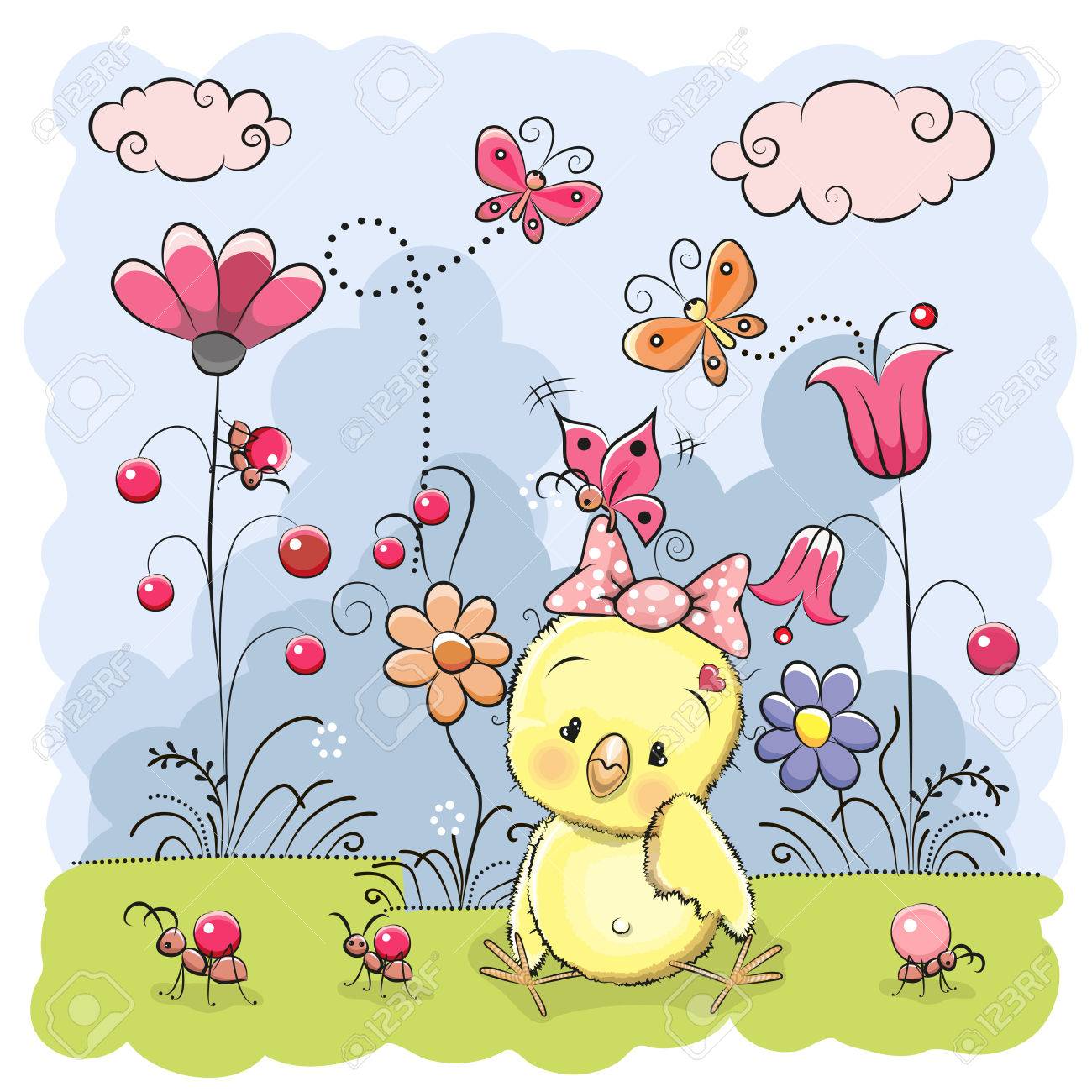 牧草地には花と蝶のかわいい漫画の鶏のイラスト素材 ベクタ Image