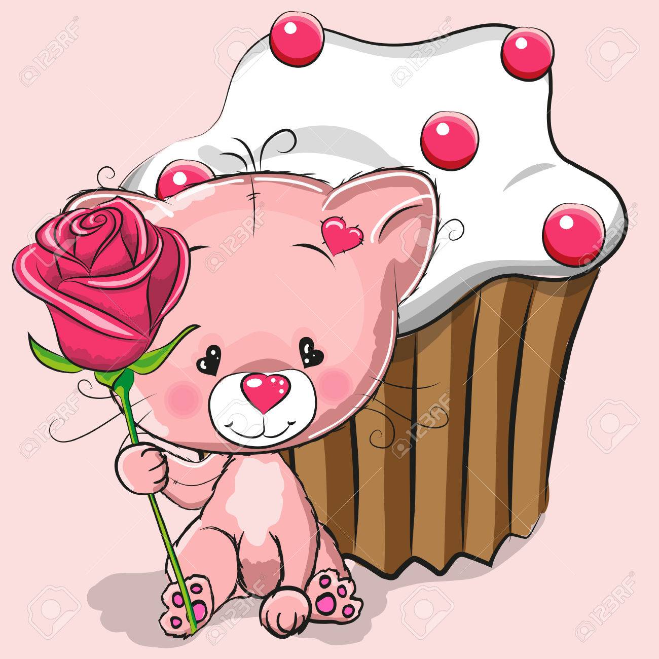 Carte De Voeux De Chat Mignon A La Rose Et Gateau Clip Art Libres De Droits Vecteurs Et Illustration Image