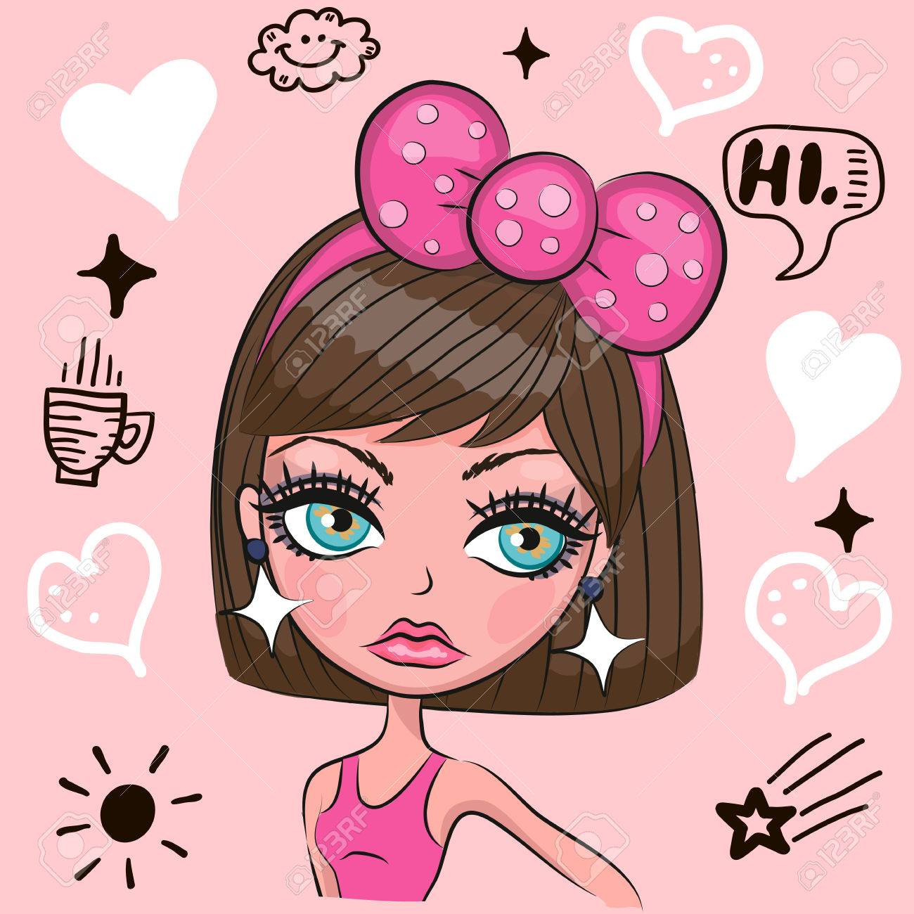 ピンクの背景の弓とかわいい女の子 のイラスト素材 ベクタ Image