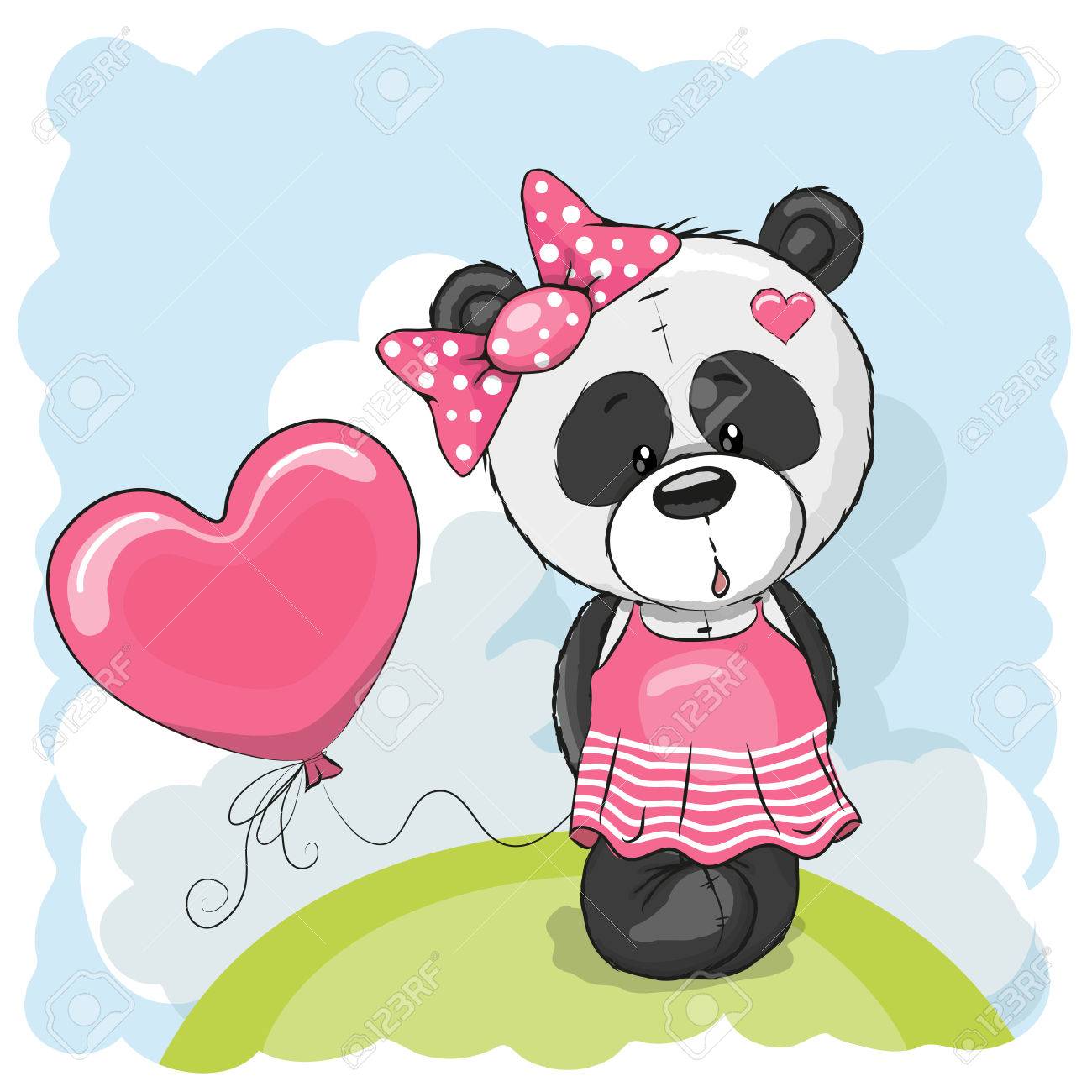 草原で風船とグリーティング カードかわいいパンダの女の子のイラスト素材 ベクタ Image