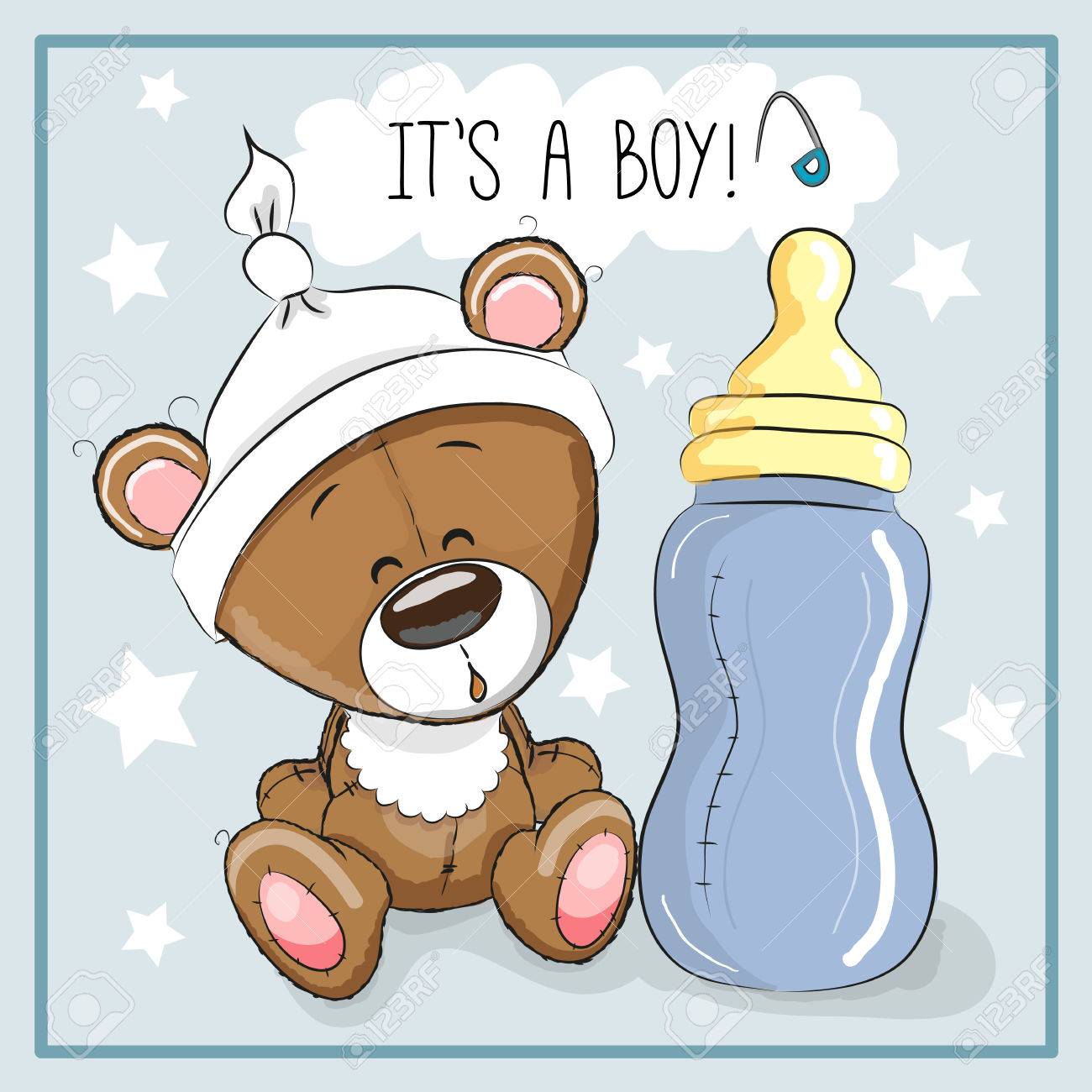 哺乳瓶のかわいい漫画のテディベアのイラスト素材 ベクタ Image