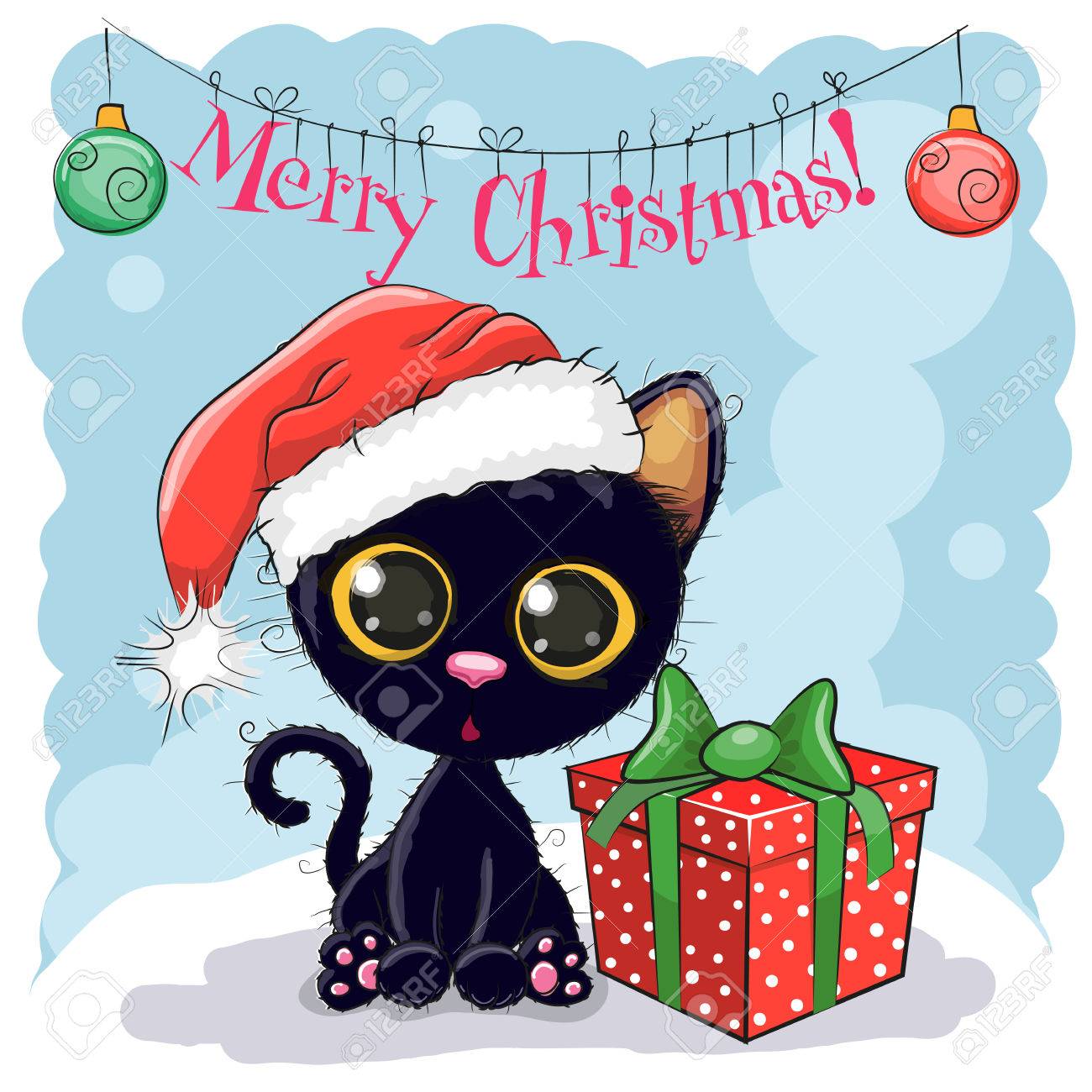 Carte De Noel Mignon De Chat Noir Dans Un Chapeau De Pere Noel Avec Un Cadeau Clip Art Libres De Droits Vecteurs Et Illustration Image