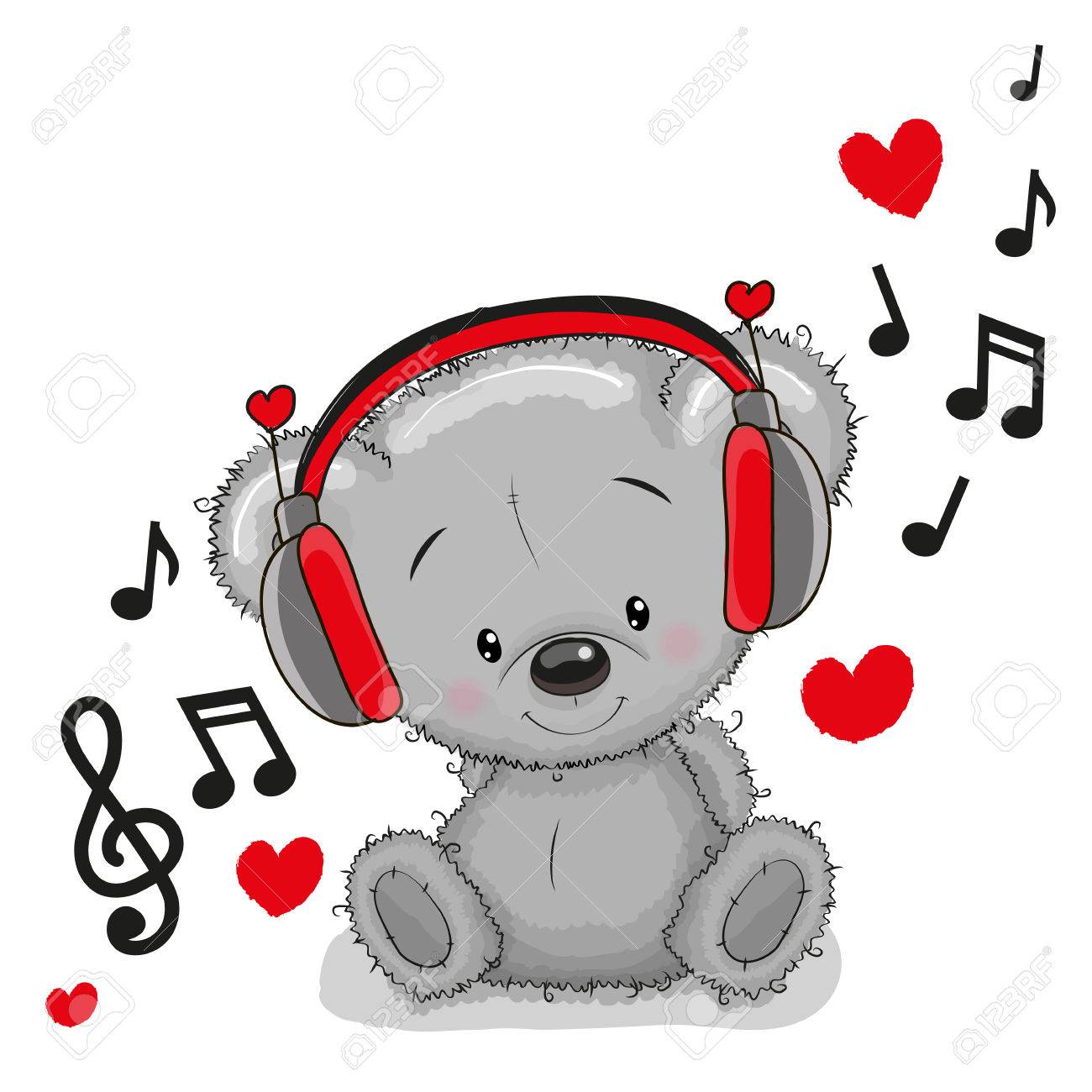 ヘッドフォンでかわいい漫画テディベアのイラスト素材 ベクタ Image