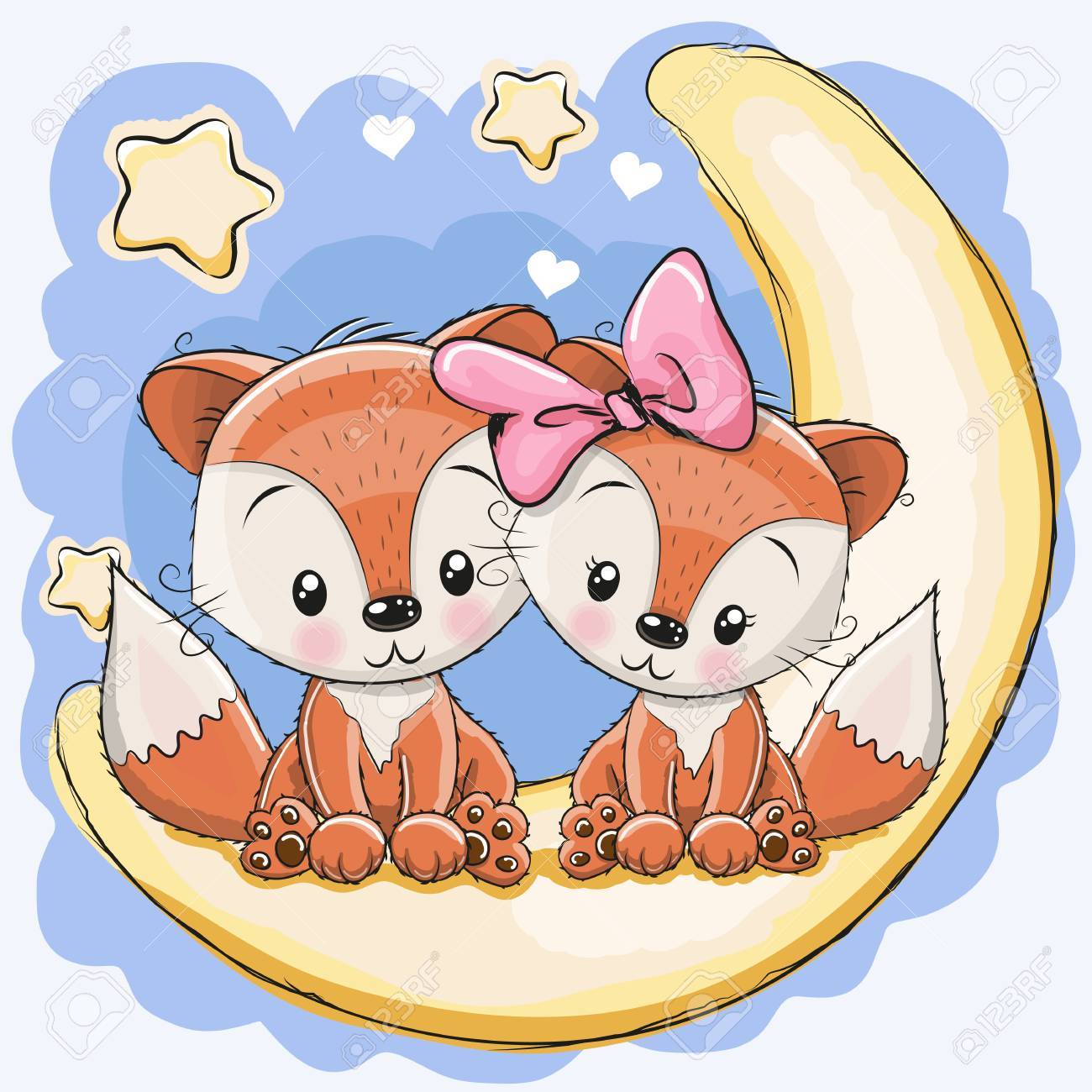 月に 2 つのかわいいキツネが座っています のイラスト素材 ベクタ Image