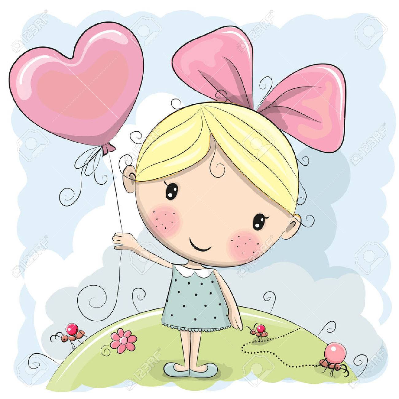 cute cartoon girl with a balloon on the meadow royalty free cliparts