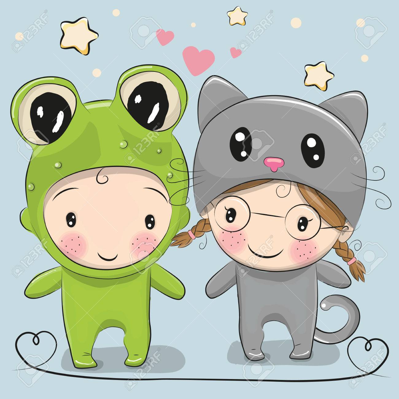 カエルの衣装と猫の着ぐるみの女の子かわいい漫画少年のイラスト素材 ベクタ Image カエルの衣装と猫の着ぐるみの女の子かわいい漫画少年のイラスト素材 ベクタ Image