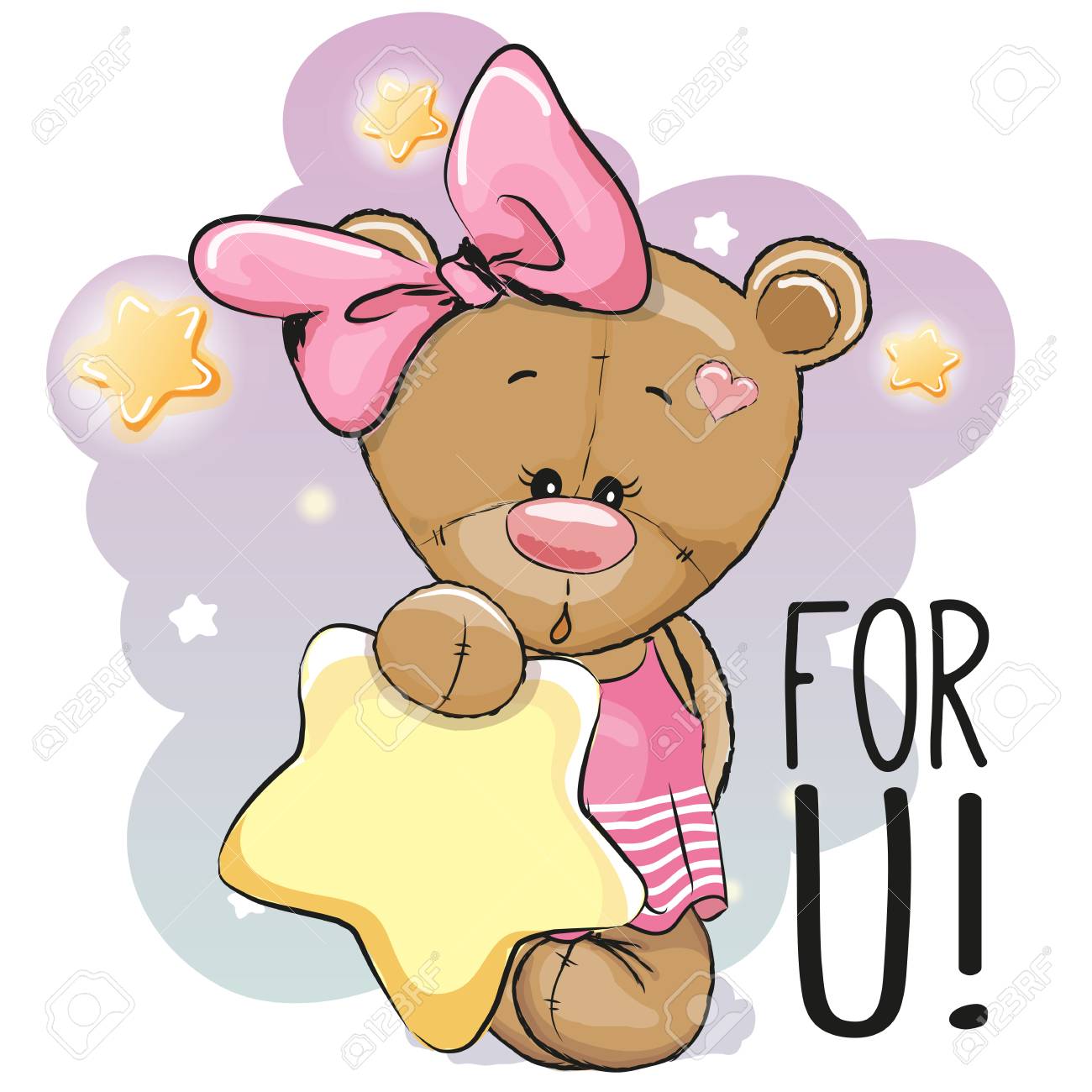 星の背景の星のかわいい漫画テディベアの女の子のイラスト素材 ベクタ Image