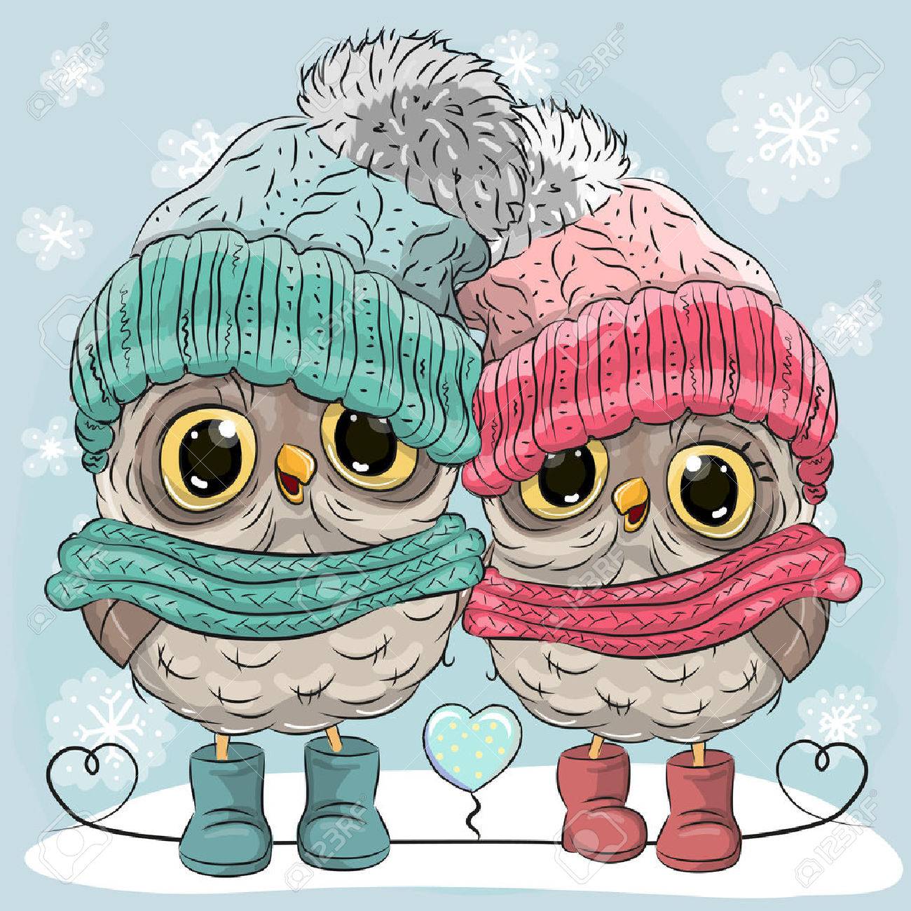 cute winter illustration two owls boy and girl in hats and scarves