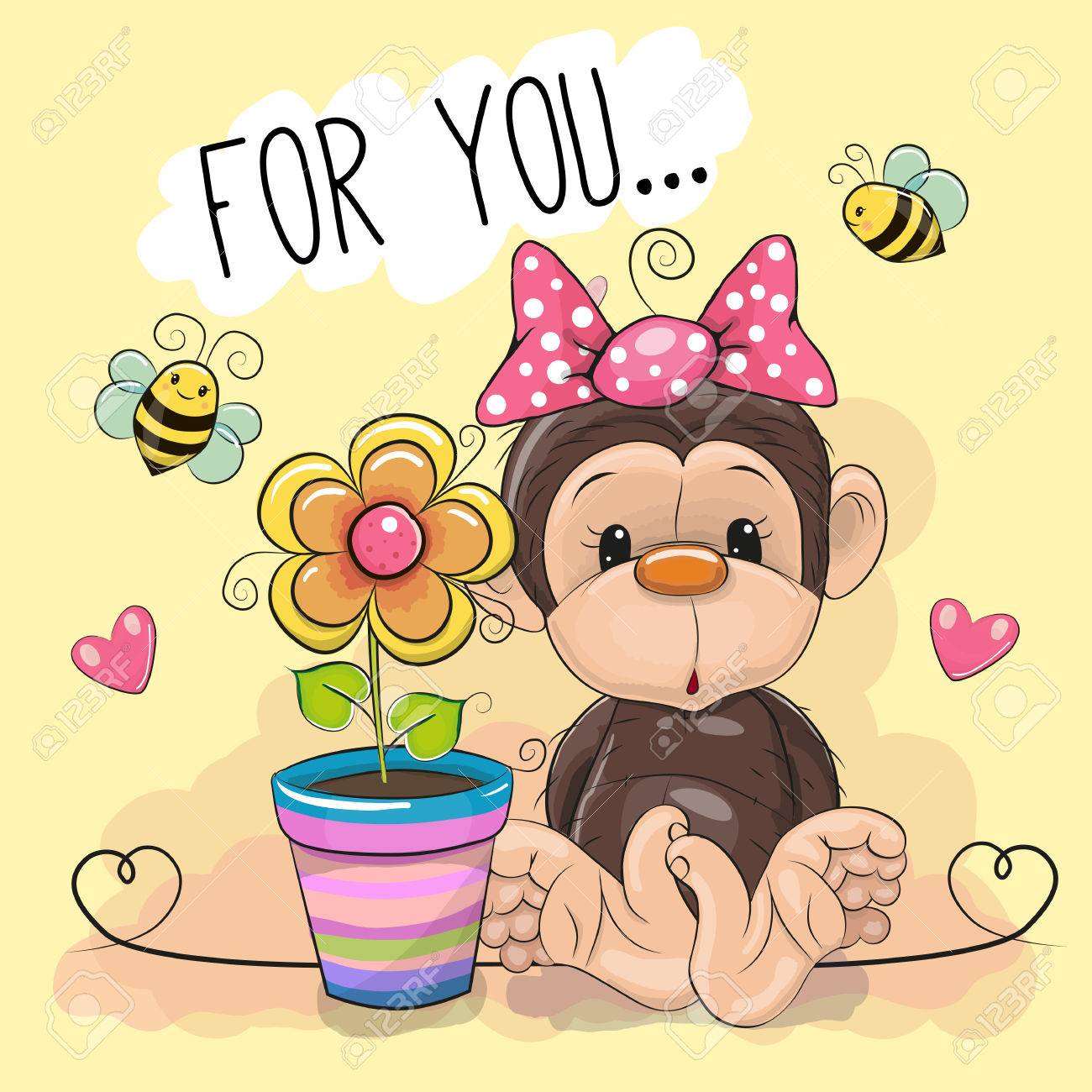 Carte De Voeux Dessin Animé Mignon Singe Avec Fleur Sur Fond Jaune