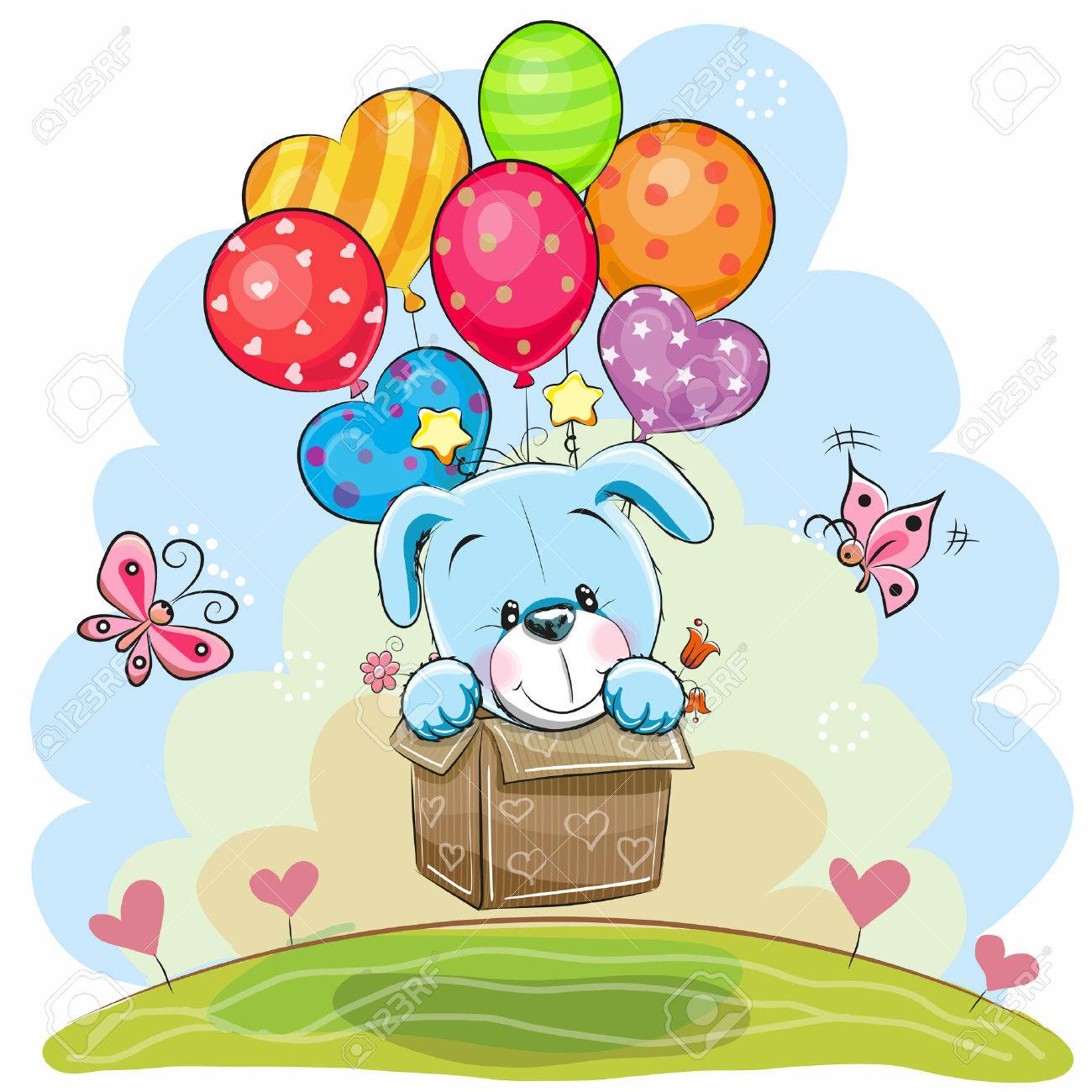 Cute Cartoon Puppy in the box is flying on balloons - 78751351 Cute Cartoon Puppy in the box is flying on balloons - 78751351