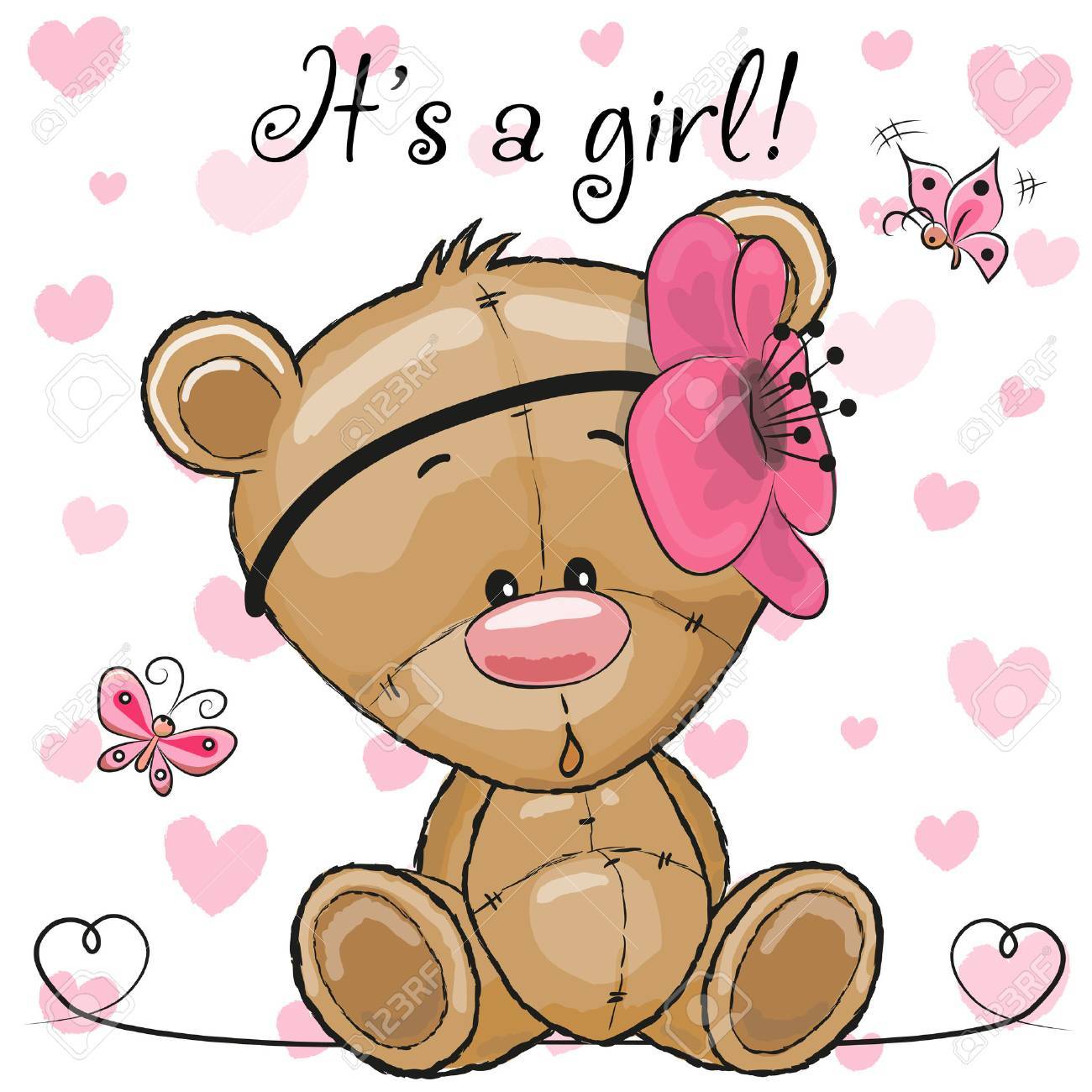 Baby Shower Grusskarte Mit Niedlichen Cartoon Teddybar Madchen Lizenzfrei Nutzbare Vektorgrafiken Clip Arts Illustrationen Image