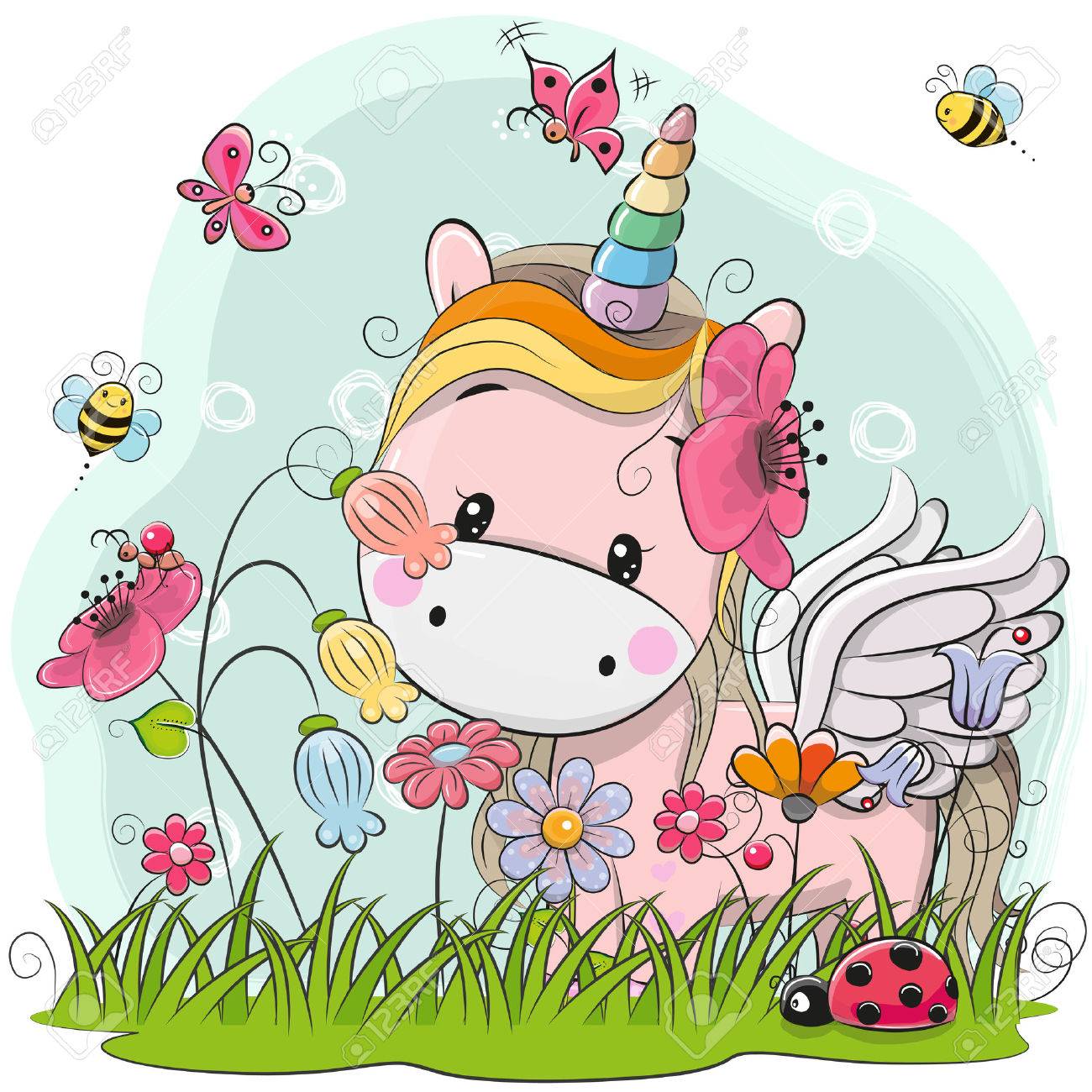 Cute Cartoon Kitt Unicorn on a meadow with flowers and butterflies - 85423967 Cute Cartoon Kitt Unicorn on a meadow with flowers and butterflies - 85423967