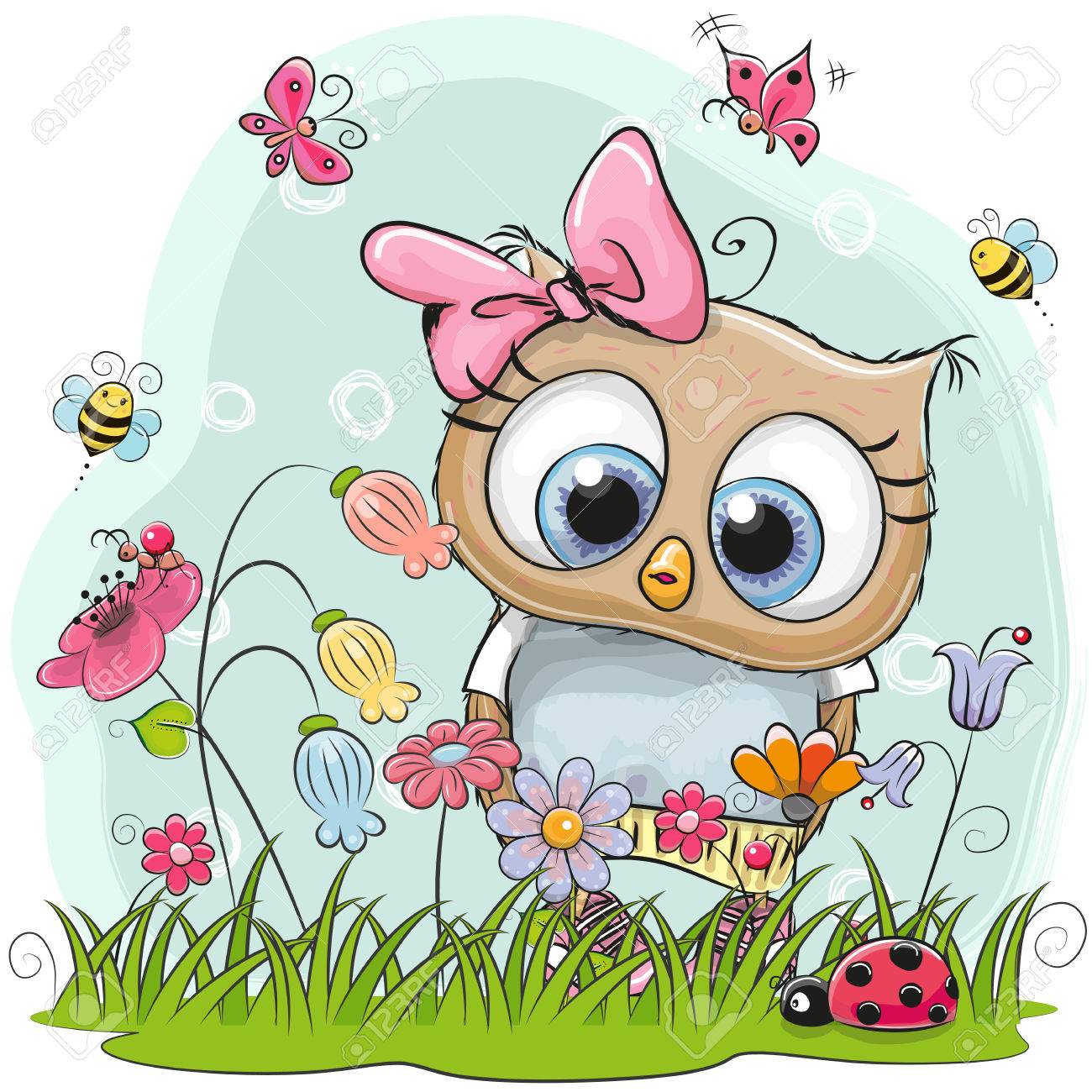 Chouette Dessin Anime Mignon Sur Une Prairie Avec Des Fleurs Et Des Papillons Clip Art Libres De Droits Vecteurs Et Illustration Image