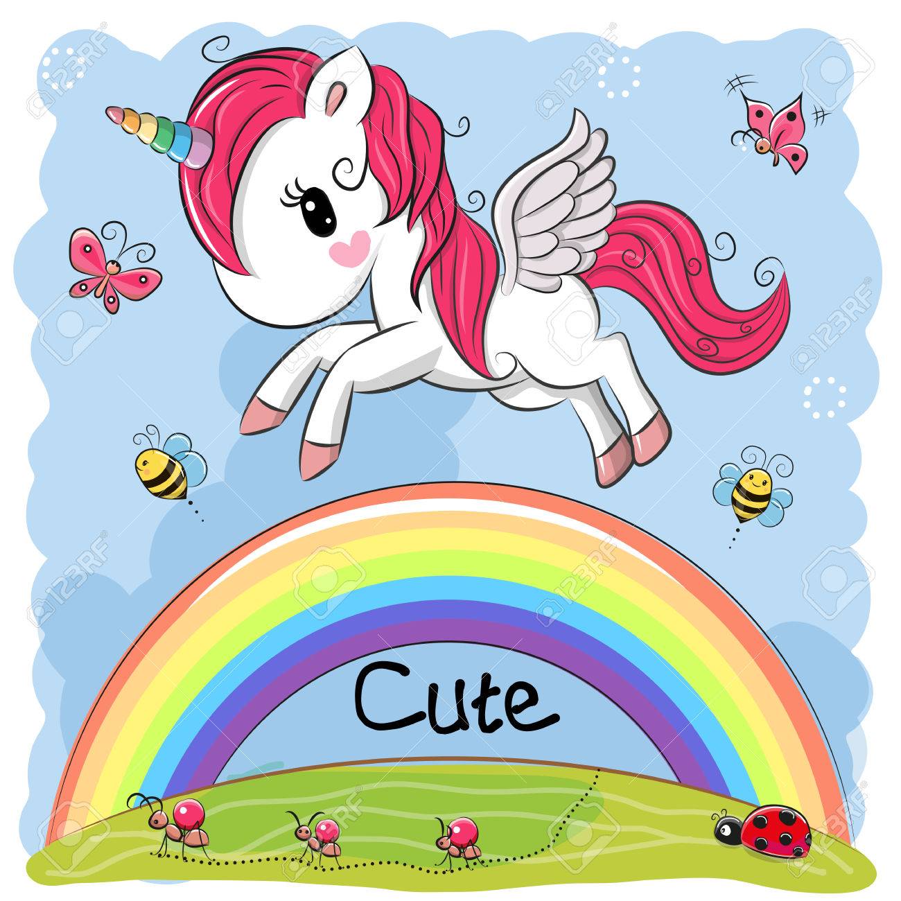 Cute Cartoon Unicorn is flying over the rainbow - 87041797 Cute Cartoon Unicorn is flying over the rainbow - 87041797