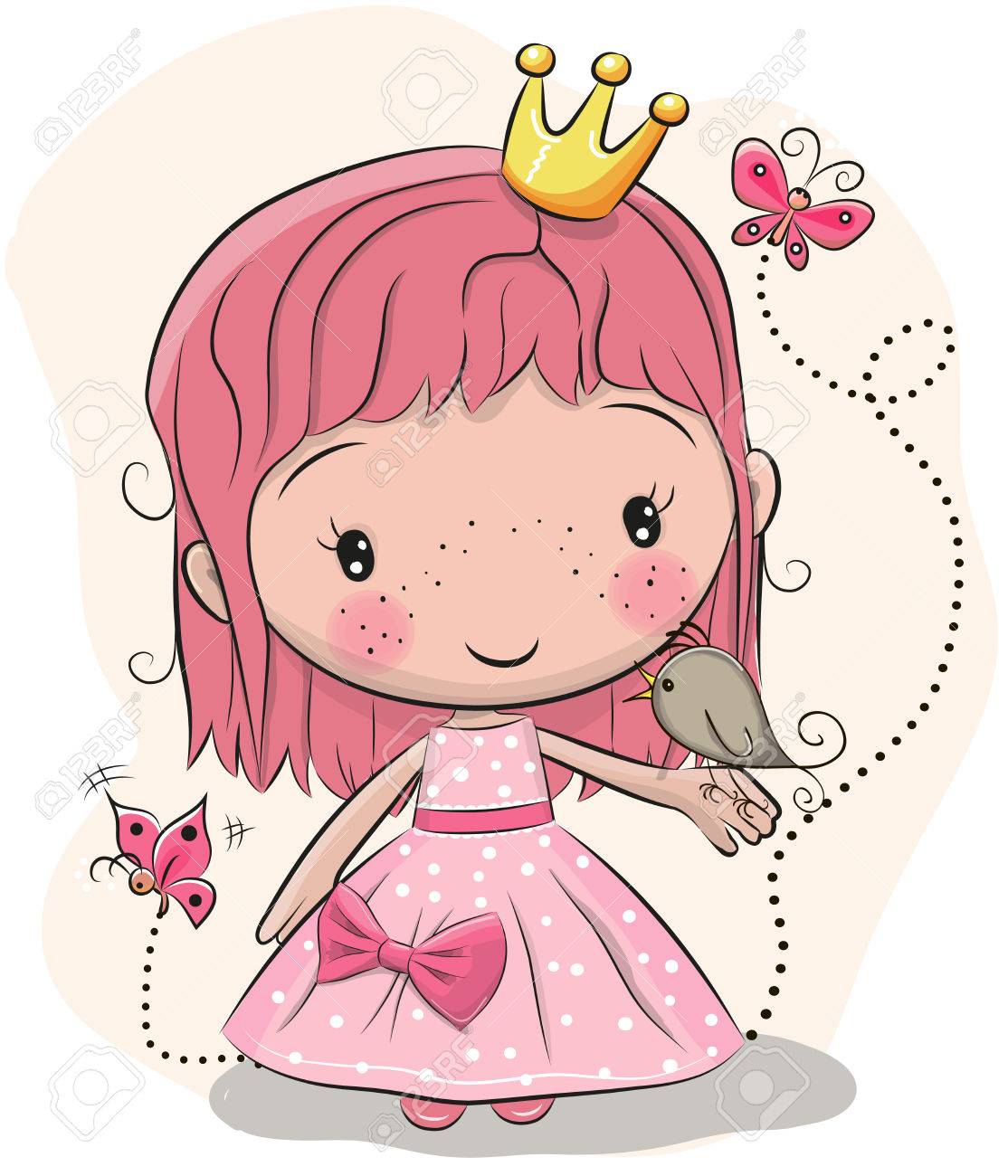 ピンクの背景の鳥のかわいいおとぎ話の王女 のイラスト素材 ベクタ Image