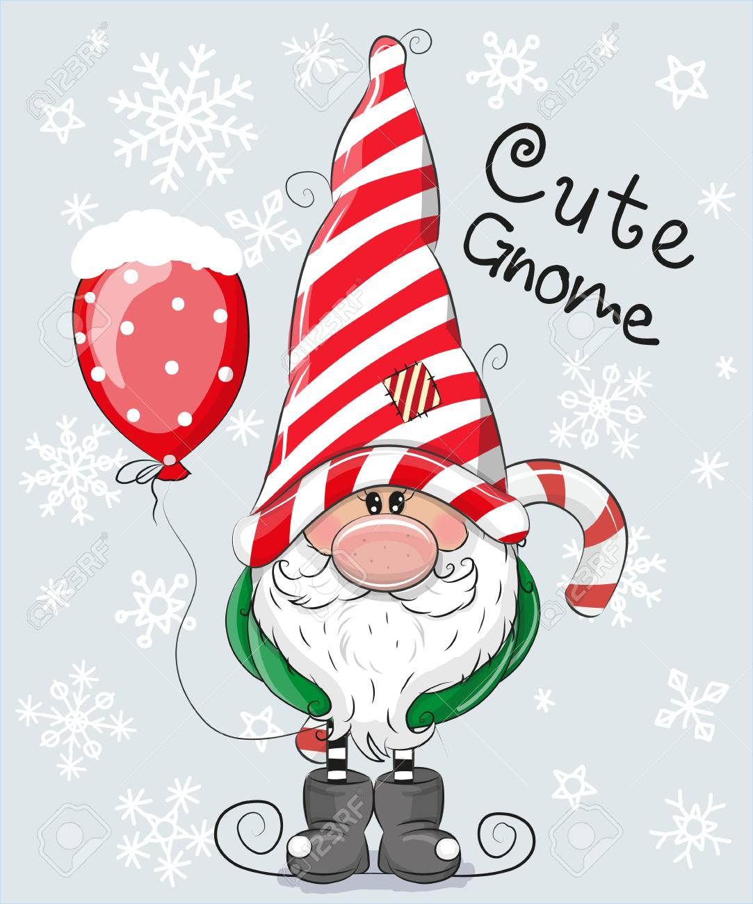 Greeting Christmas card Cute Cartoon Gnome on a blue background - 91002088 Greeting Christmas card Cute Cartoon Gnome on a blue background - 91002088