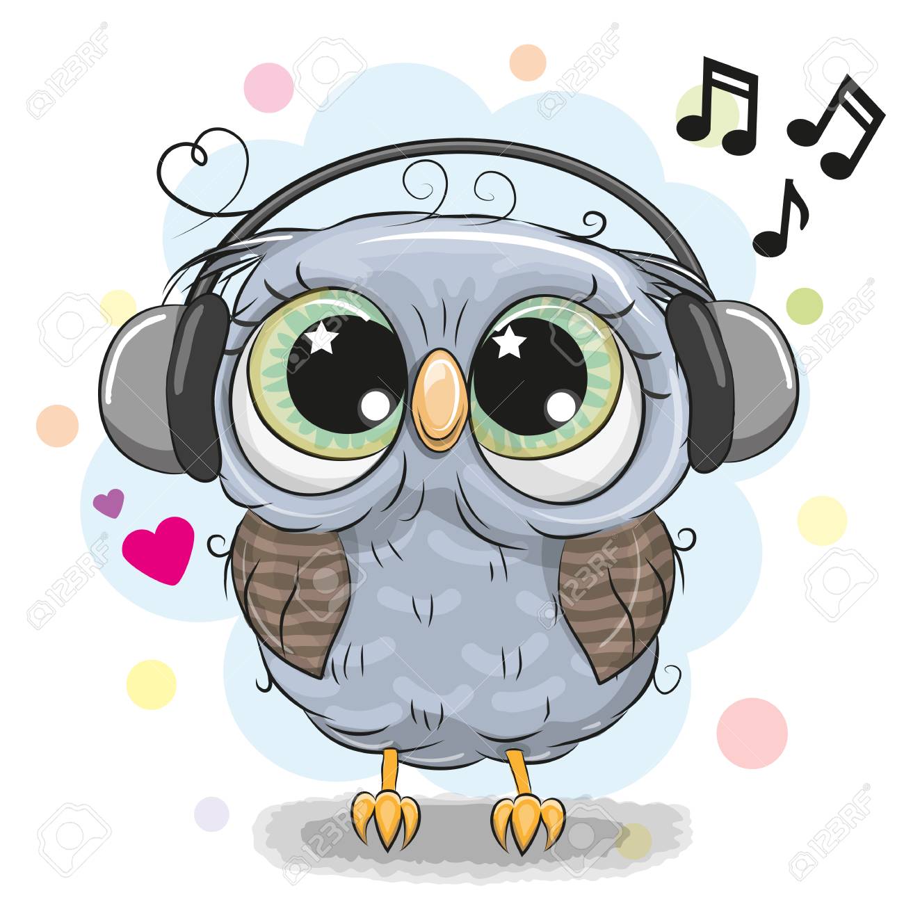 Cute Cartoon Owl With Big Eyes With Headphones Royalty Free
