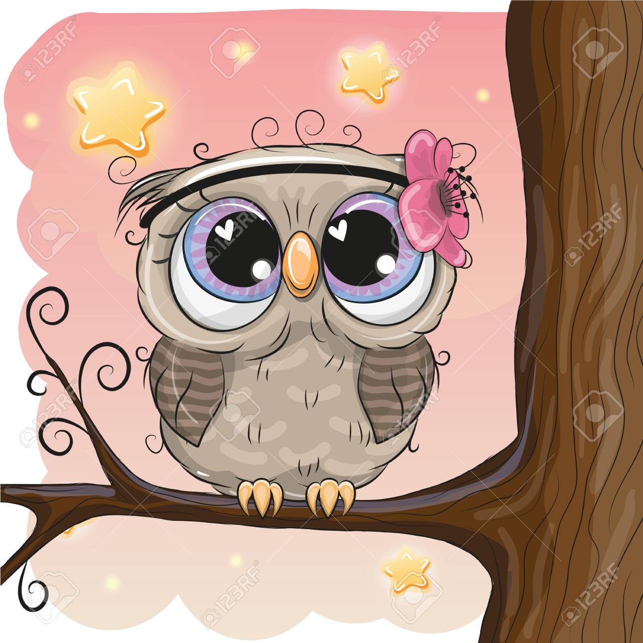 Chouette Dessin Anime Mignon Avec Fleur Sur Une Branche Clip Art Libres De Droits Vecteurs Et Illustration Image
