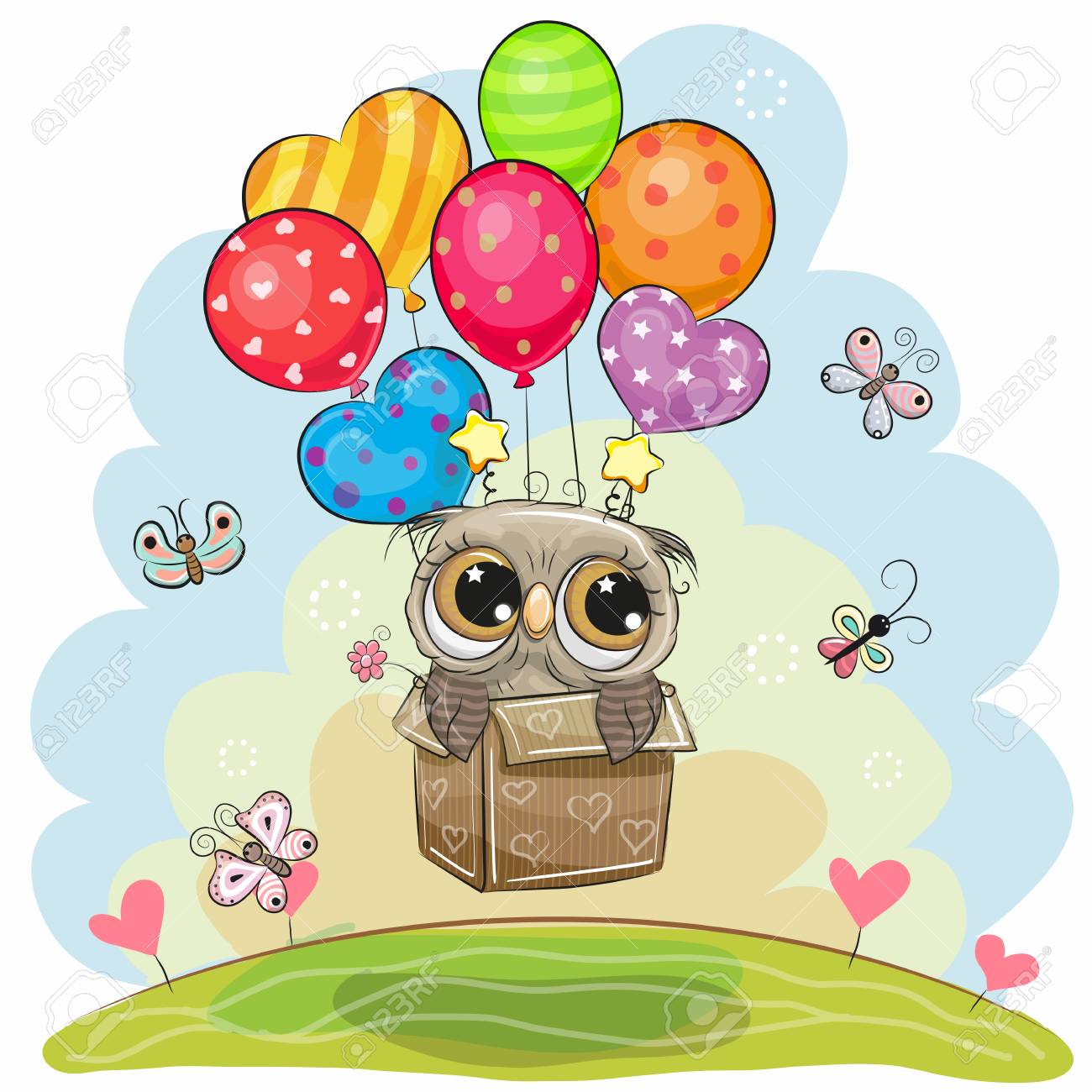 Cute Flying Cartoon Owl In The Box With Balloons Royalty Free SVG, Cliparts,  Vectors, and Stock Illustration. Image 96969446., image size:1300x1300