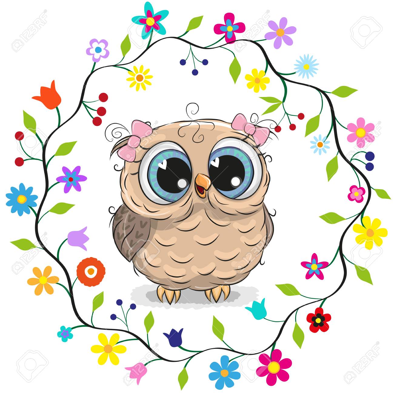 Cute cartoon owl girl in a flowers frame. - 99560440 Cute cartoon owl girl in a flowers frame. - 99560440