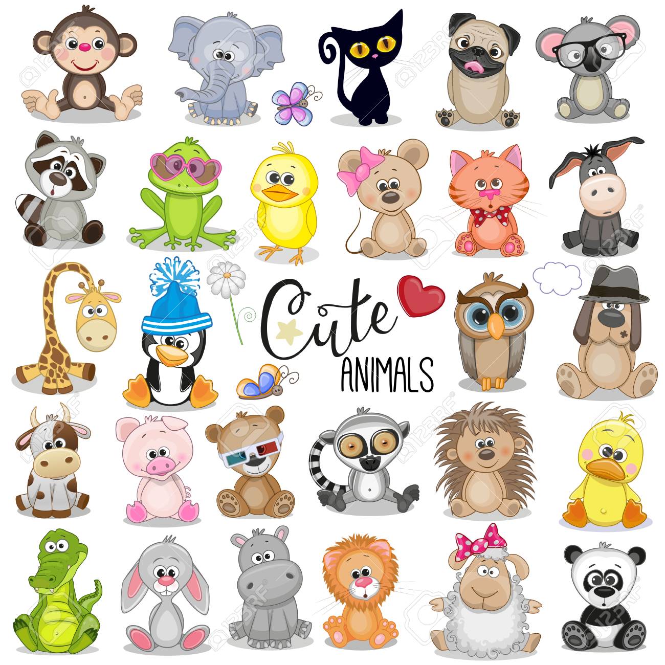 Set of Cute Cartoon Animals on a white background - 108798436 Set of Cute Cartoon Animals on a white background - 108798436