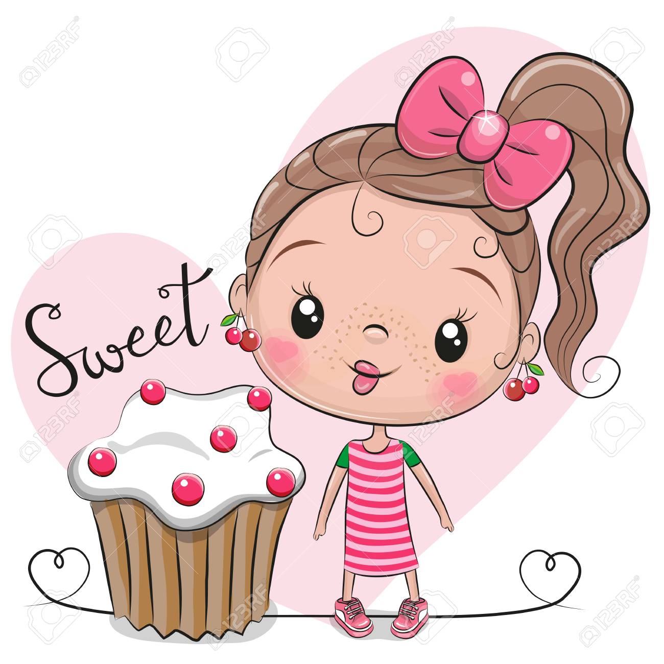 Greeting card Cute Cartoon Girl with cake - 112226774 Greeting card Cute Cartoon Girl with cake - 112226774