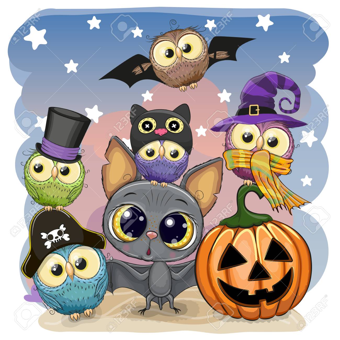 Greeting Halloween Card Cute Cartoon Bat with pumpkin and five owls - 110704631 Greeting Halloween Card Cute Cartoon Bat with pumpkin and five owls - 110704631