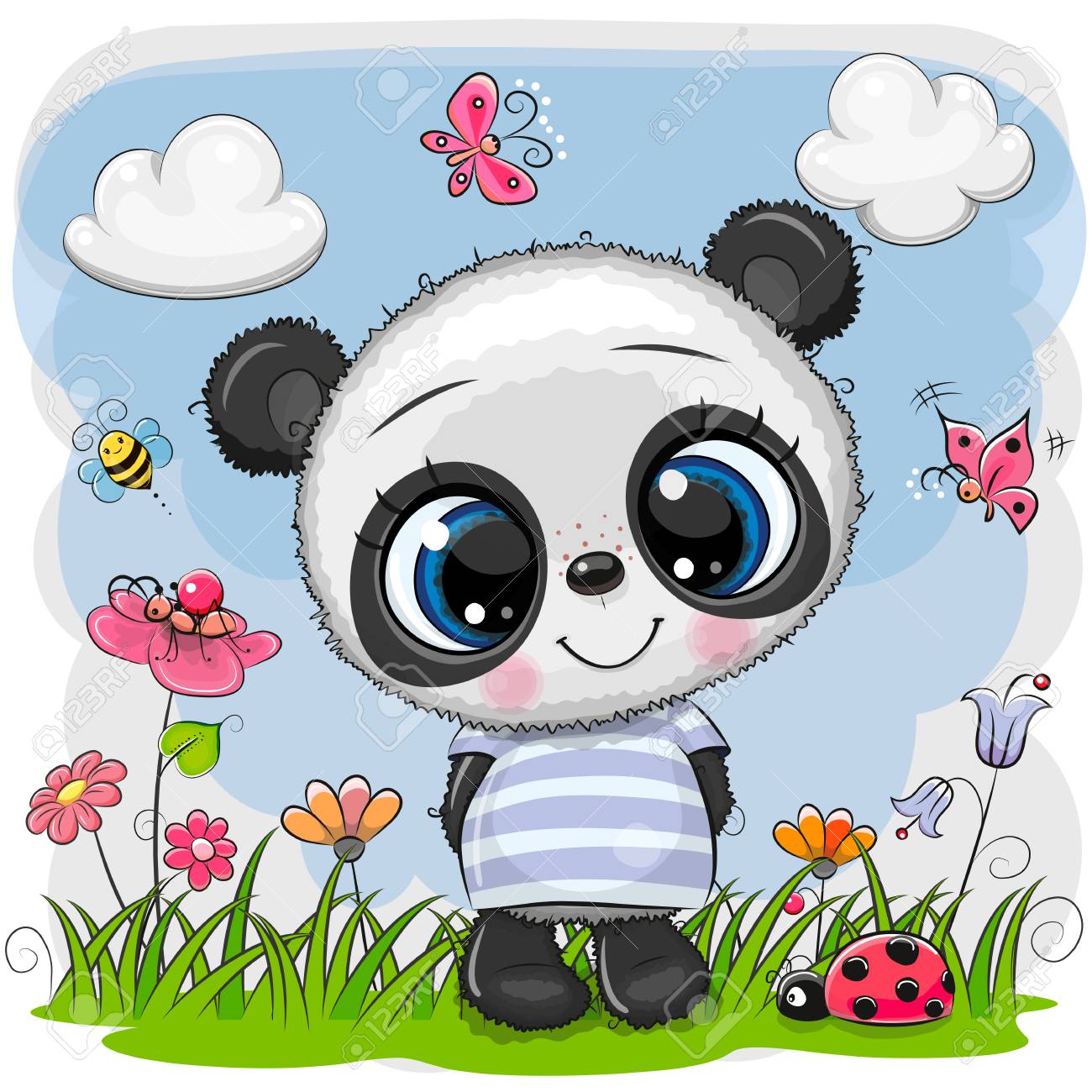 Cute Cartoon Baby Panda On A Meadow With Flowers And Butterflies Royalty Free Cliparts Vectors And Stock Illustration Image
