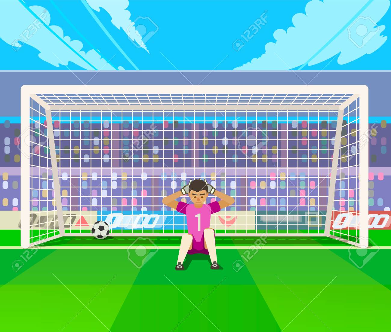 ゴールでのゴールキーパーのトレーニング サッカー場のゲートで腹部を運動するゴールキーパーのベクトルイラスト のイラスト素材 ベクタ Image