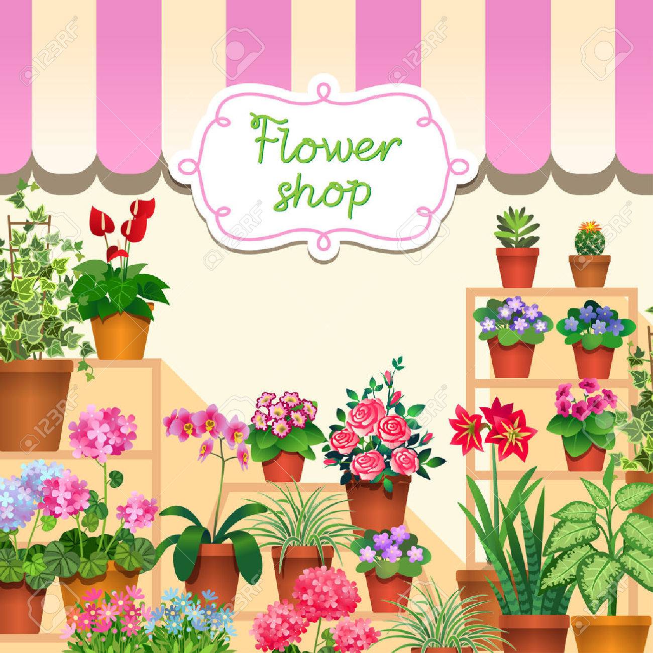 観葉植物フラワー ショップのショー ウィンドウ のイラスト素材 ベクタ Image