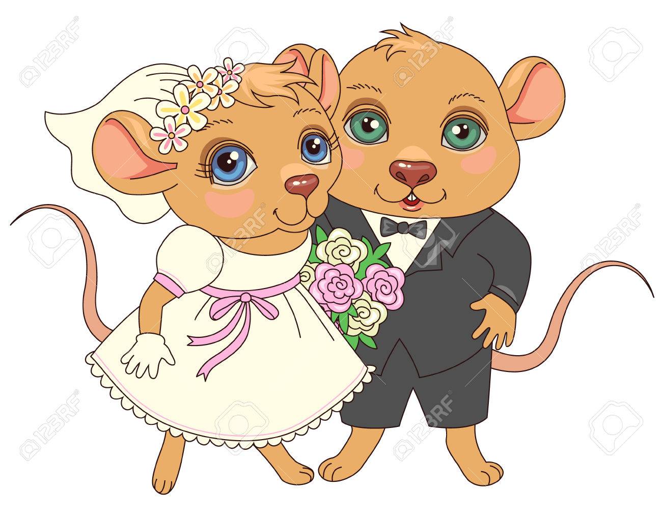 かわいい漫画のキャラクター 新婚夫婦の幸せなマウスのカップル のイラスト素材 ベクタ Image