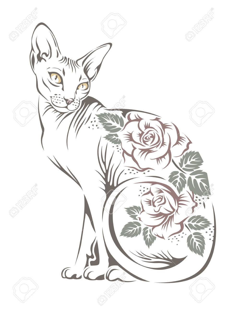 L Image Stylisee D Un Sphinx De Race De Chat Avec Des Fleurs Sur Le Dos Pochoir Pour Votre Conception Clip Art Libres De Droits Vecteurs Et Illustration Image
